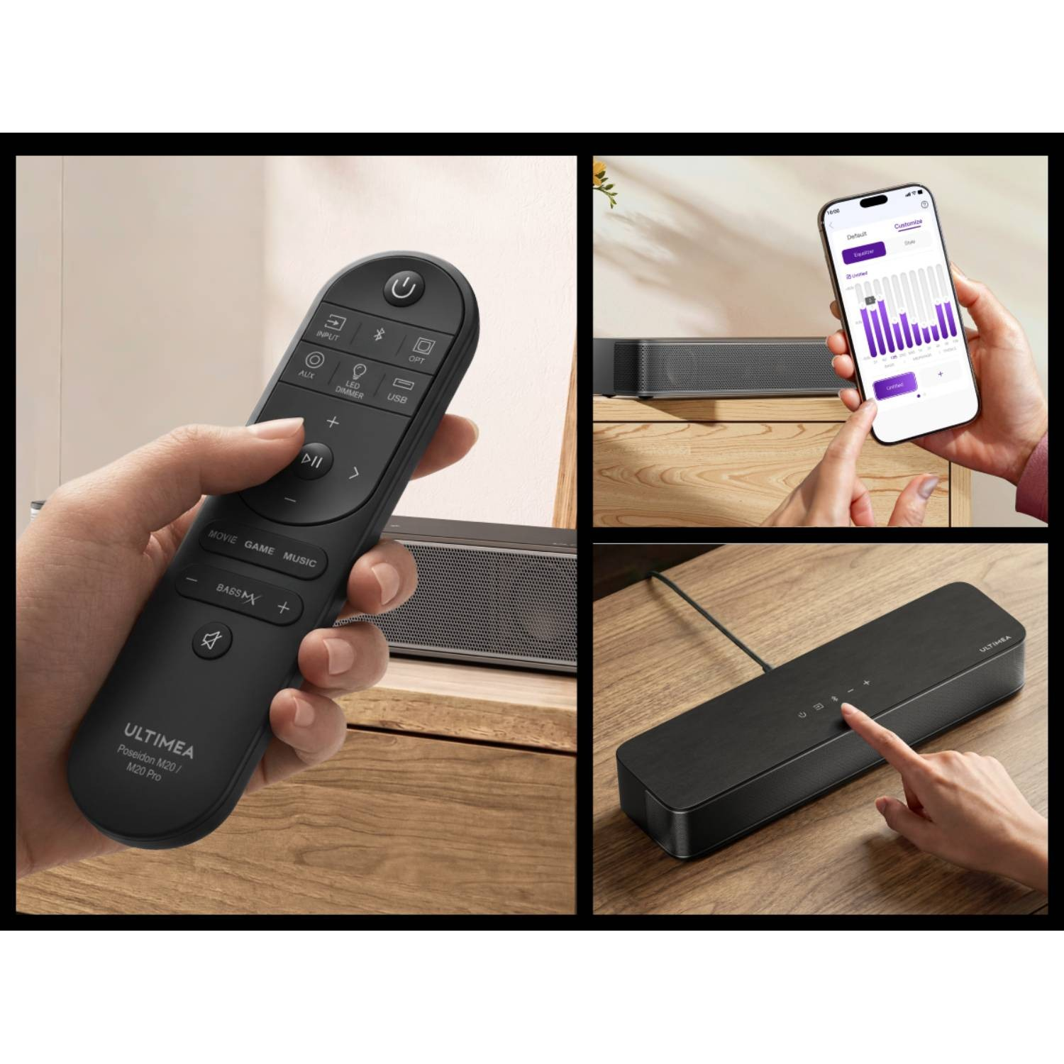 Dłoń trzyma pilot; soundbar z aplikacją na telefonie; palec dotyka soundbara.