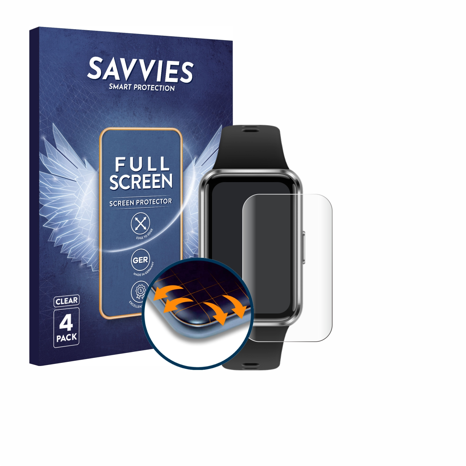 Savvies Full Screen Schutzfolie für Smartwatches, 4er Pack, transparent.