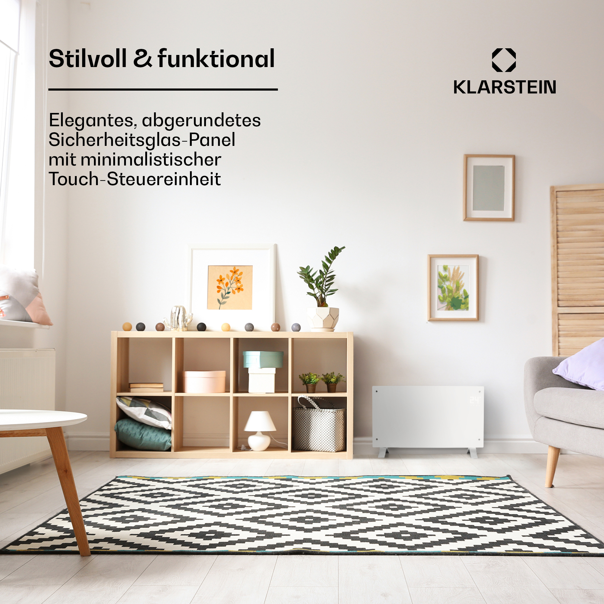 Un elegante radiador de cristal se alza junto a un sillón sobre una alfombra estampada.