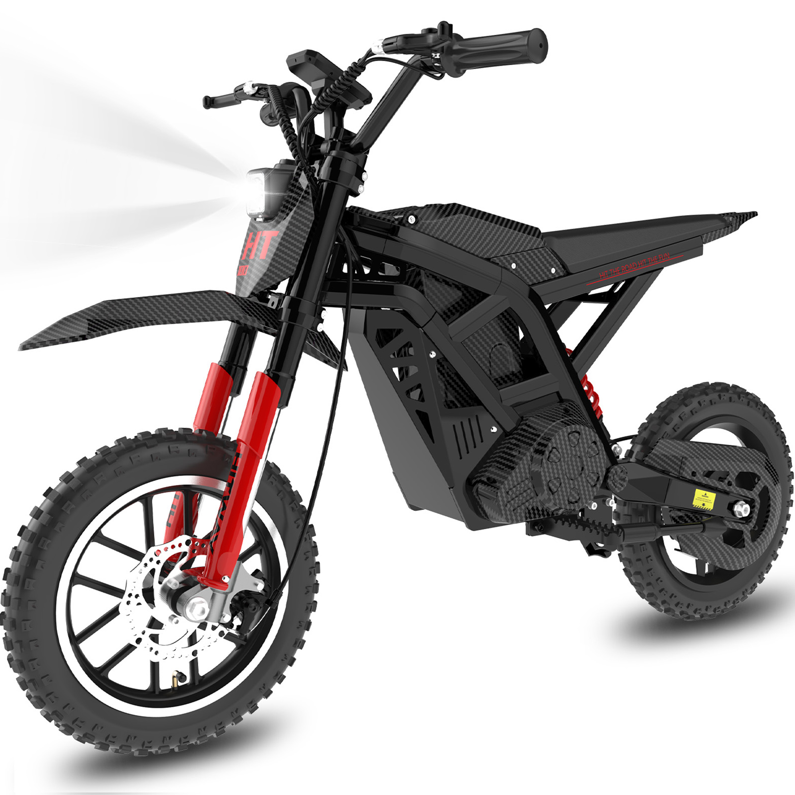 Una dirt bike elettrica nera con forcelle rosse e accenti in fibra di carbonio.