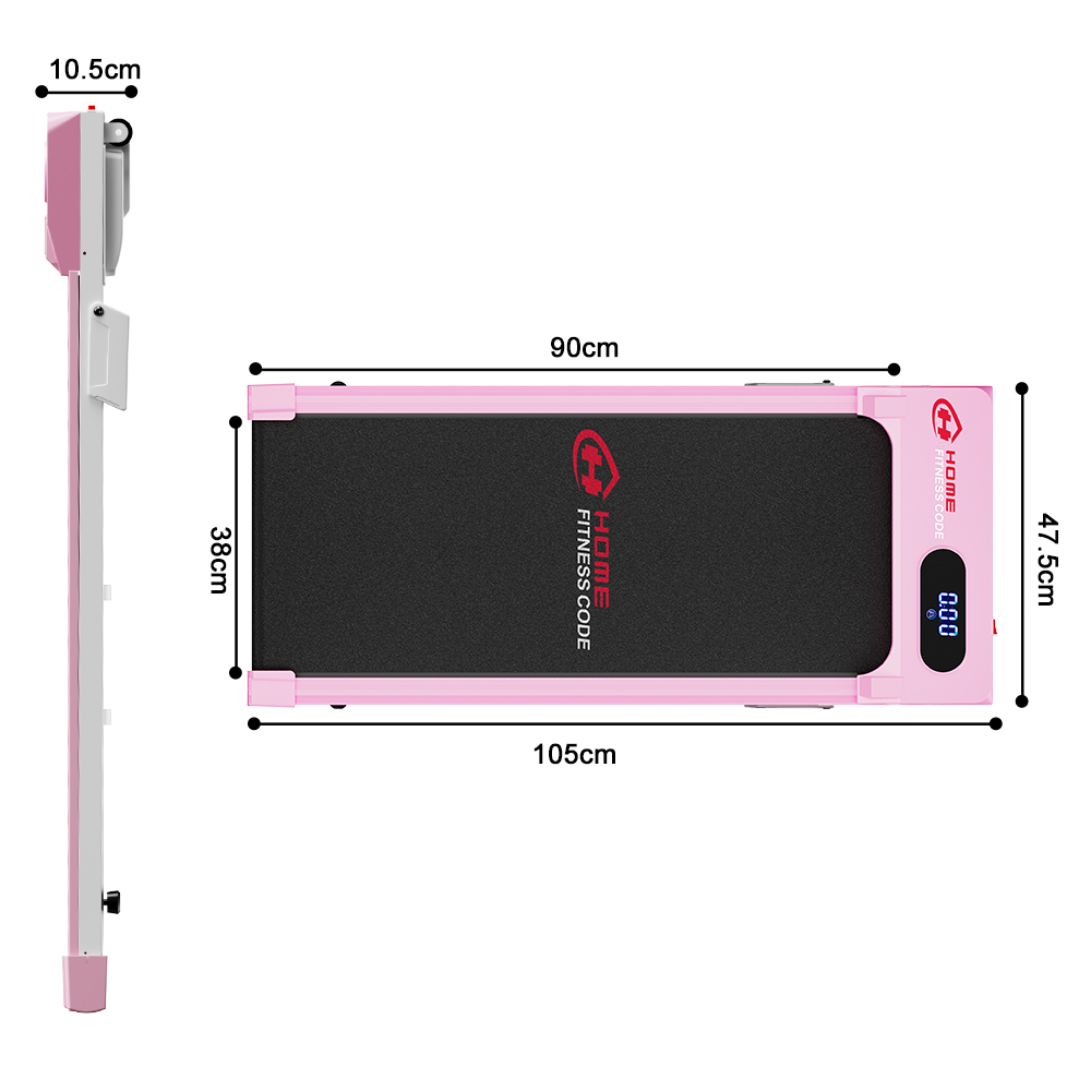 Różowa i biała bieżnia z wymiarami. Złożony widok z boku.