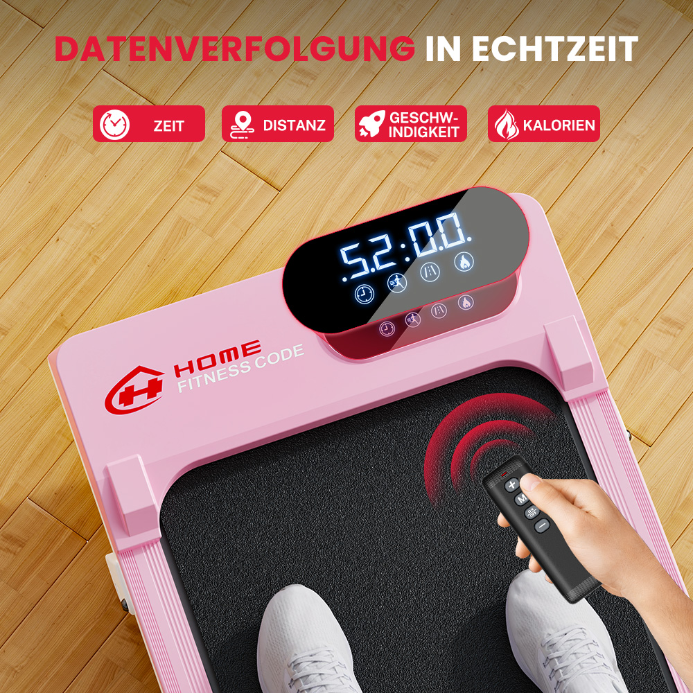 Osoba korzysta z różowej bieżni z pilotem. Wyświetlacz pokazuje czas.