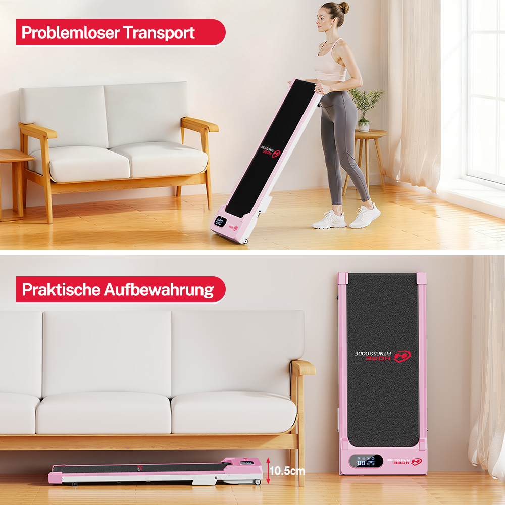 Kobieta trzyma złożoną różową bieżnię.