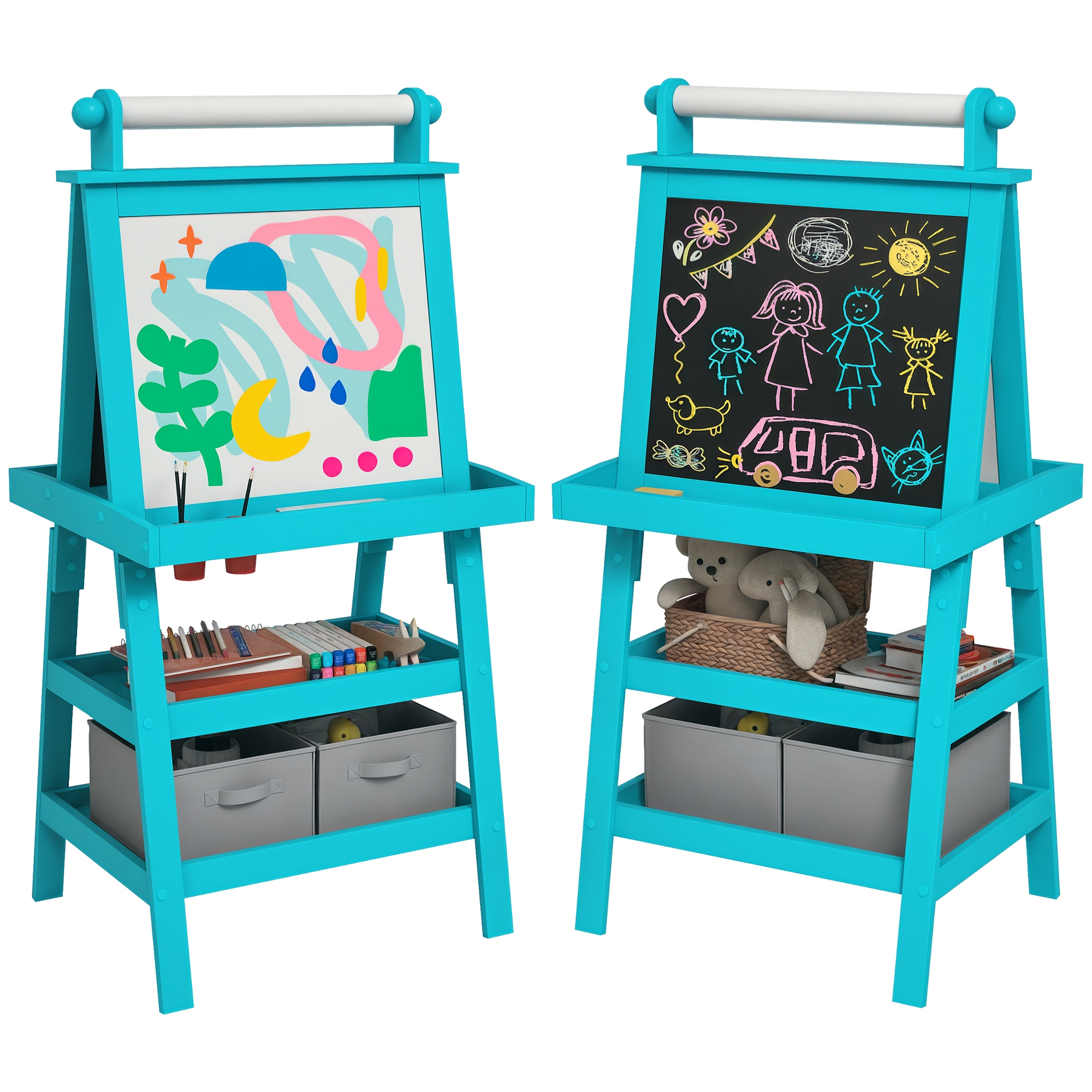 Due cavalletti blu con opere d'arte e giocattoli. Uno presenta pittura colorata, l'altro disegni su lavagna.