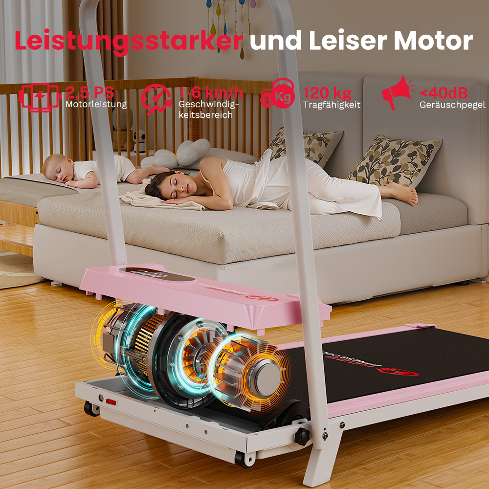 Różowa bieżnia z widocznym silnikiem. Kobieta i dziecko śpią obok.