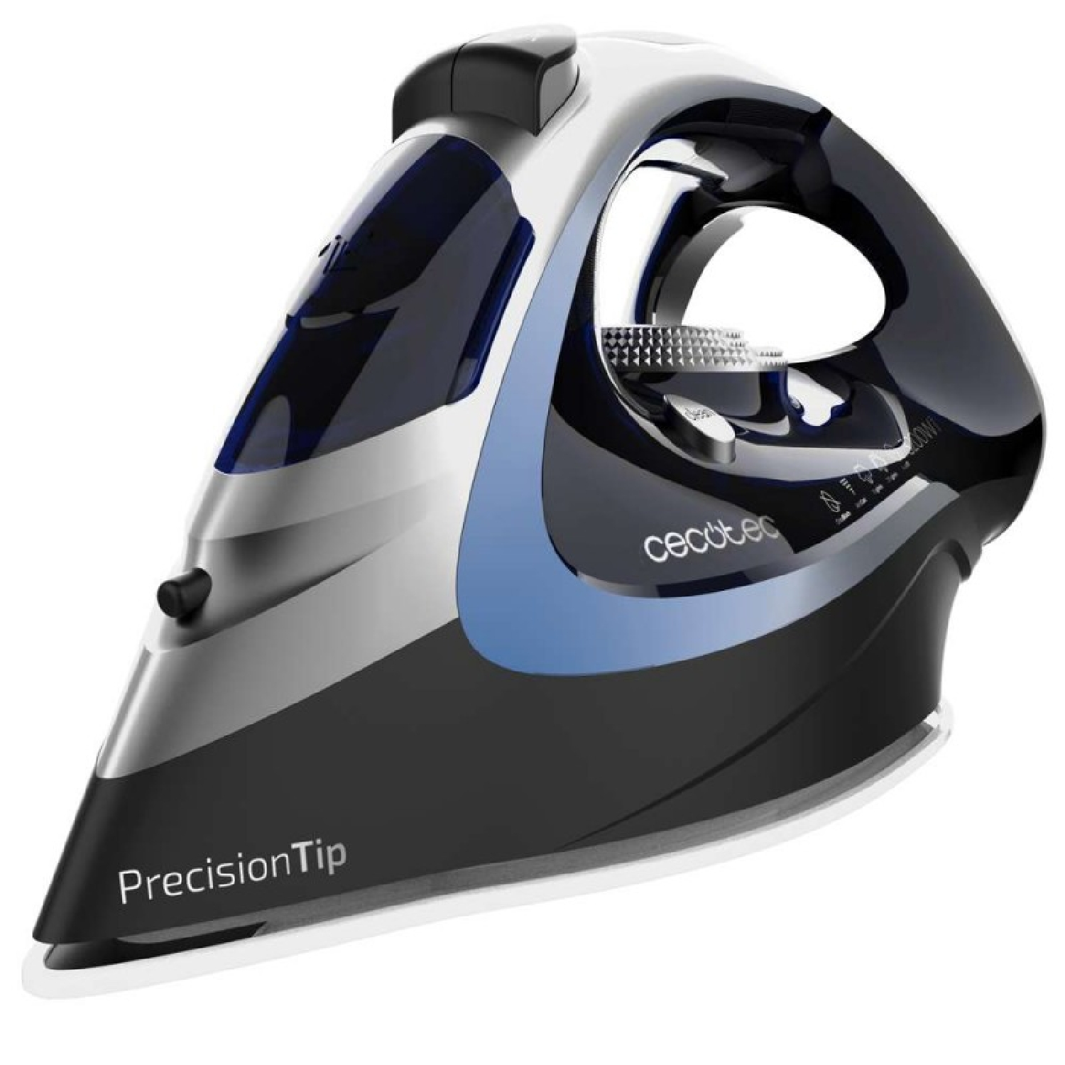 A modern black and silver steam iron with a blue water tank.