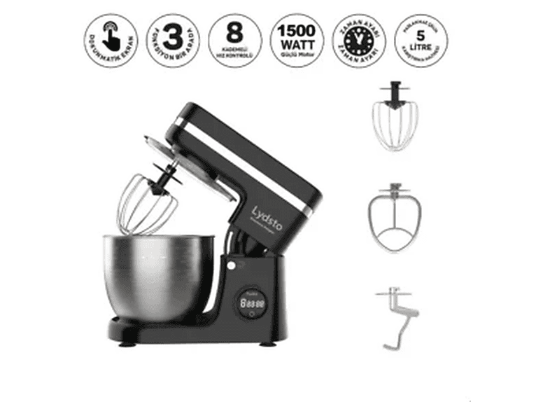 LYDSTO Kitchen Helper 8 Kademe Dokunmatik Dijital Ekran 1500 W Stand Mikser Siyah
