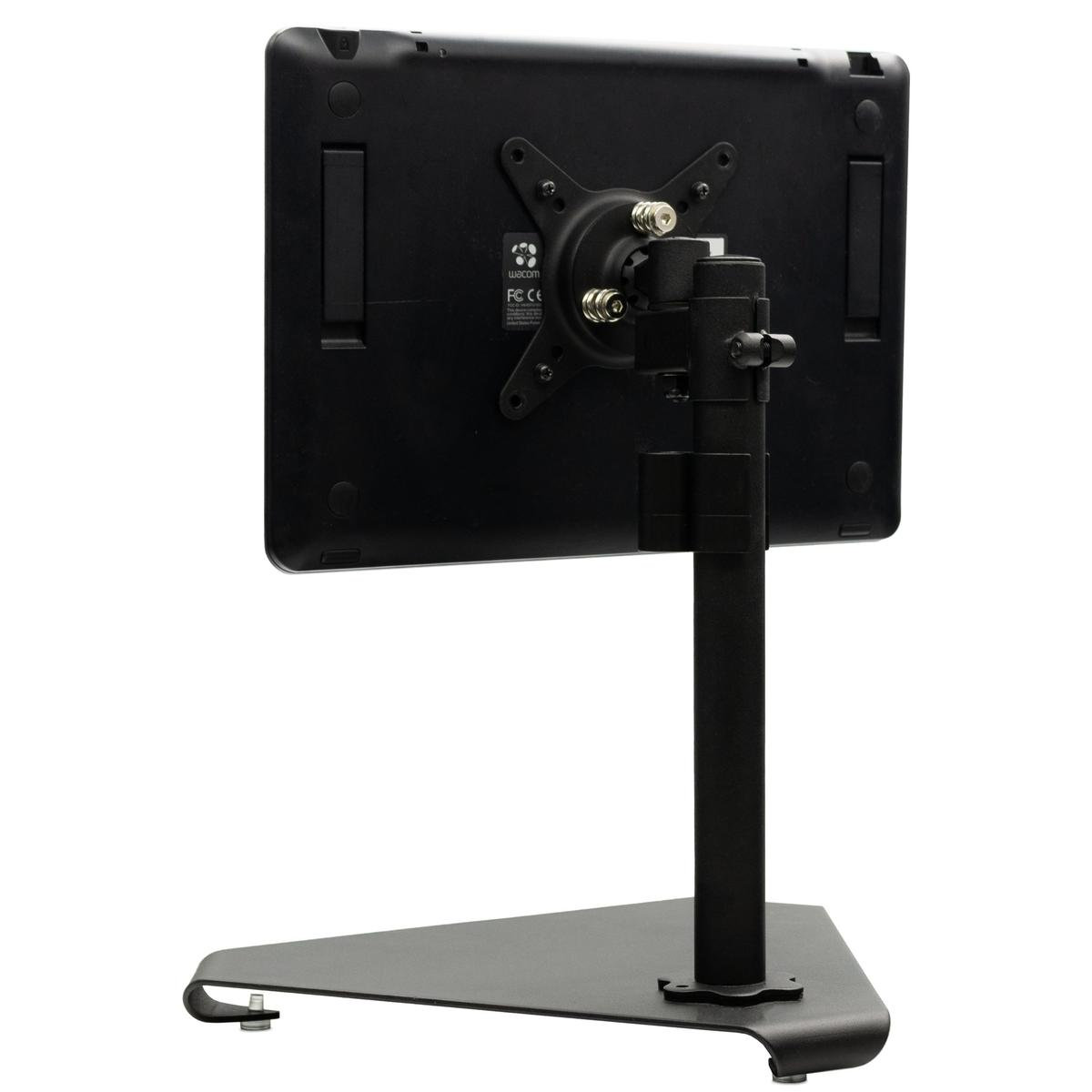 Il retro di un monitor nero su un supporto triangolare.