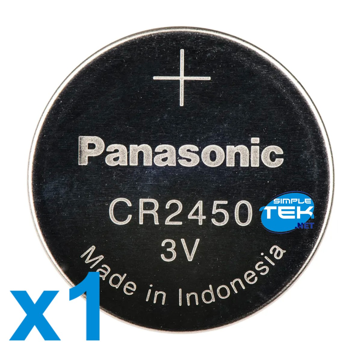 Una batteria Panasonic CR2450 da 3V con testo "Made in Indonesia".