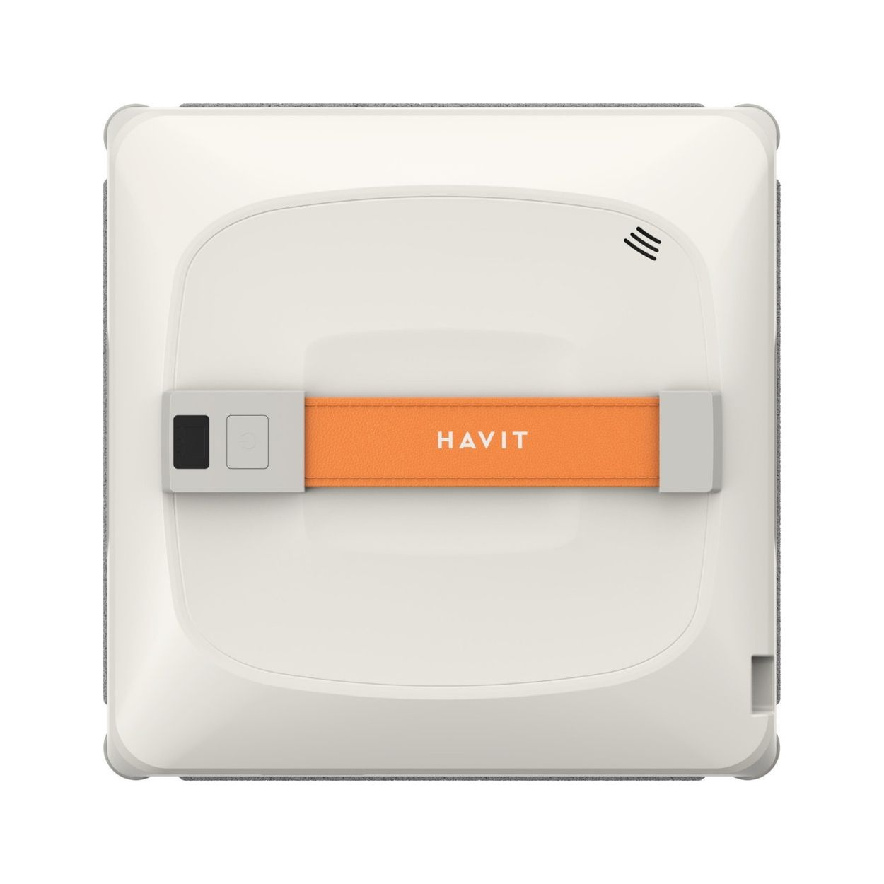 Havit logolu, turuncu kayışlı beyaz robot temizleyici.