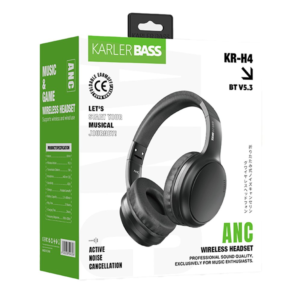 ANC'li, katlanabilir, BT V5.3 siyah Karler Bass kulaklık, beyaz kutuda.