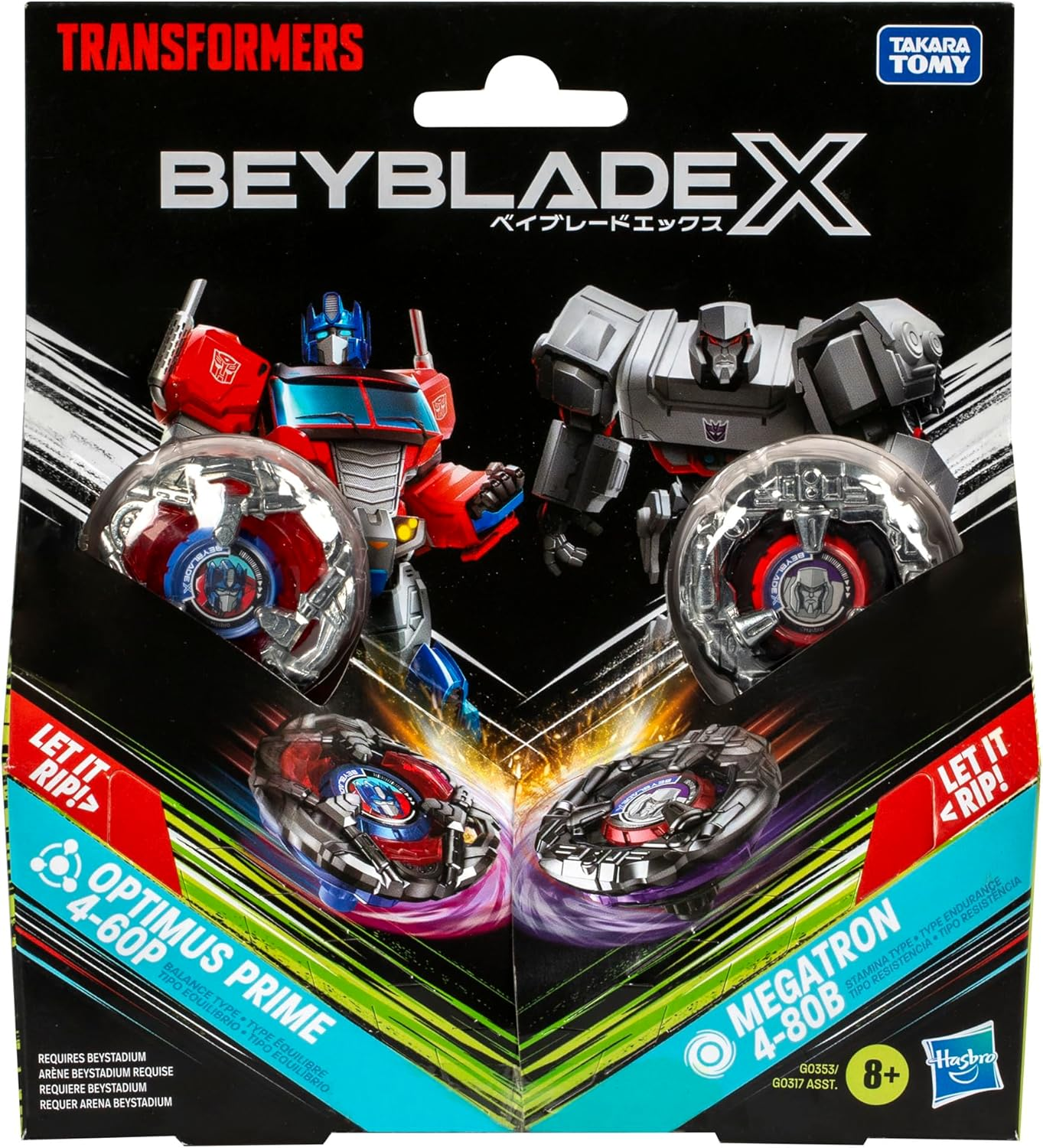 Transformers Beyblade X-Verpackung mit Optimus Prime und Megatron Figuren und Kreisel.