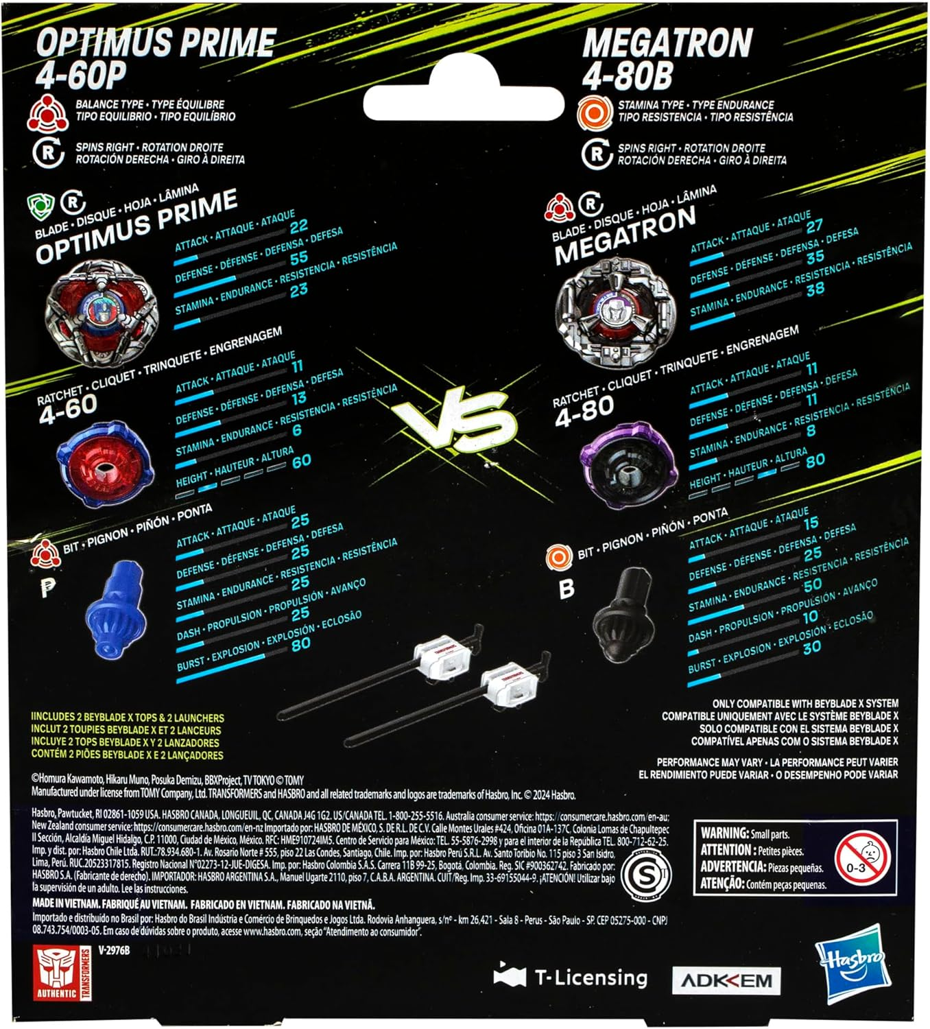 Verpackung mit Beyblade X Optimus Prime und Megatron Spielzeugdetails und Statistiken.
