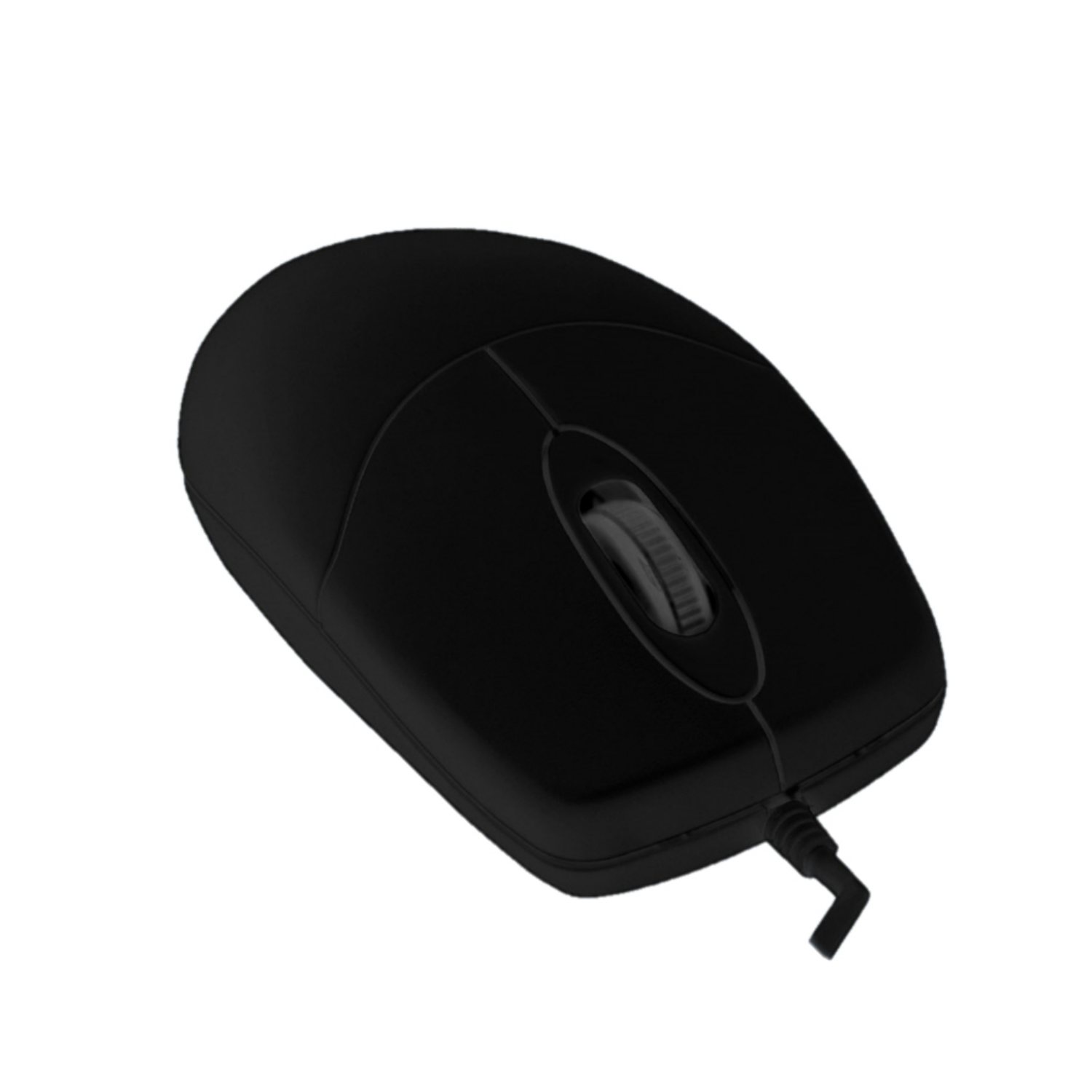 Ratón de ordenador negro con rueda de desplazamiento y cable sobre fondo blanco.