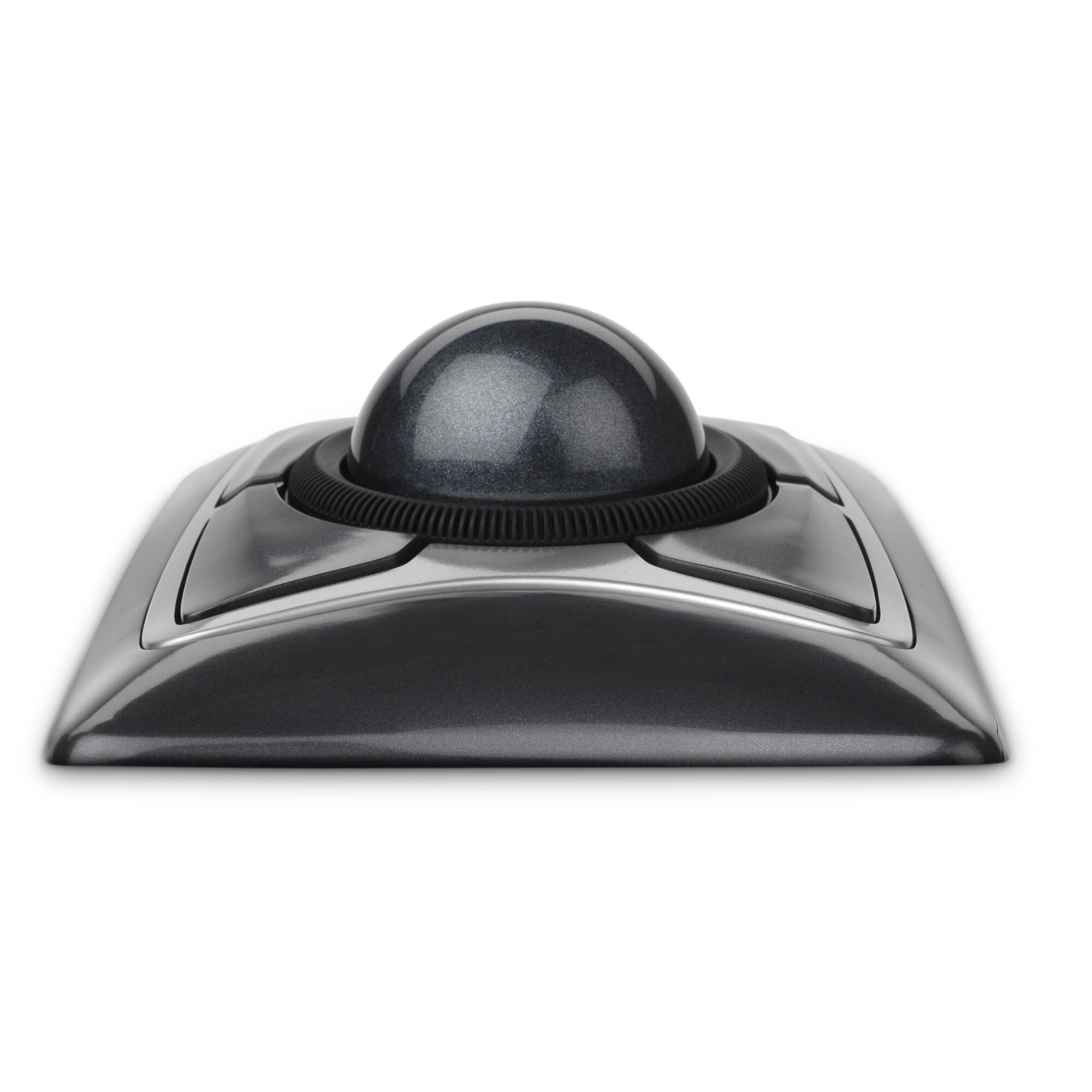 Gray trackball with a metallic finish on a white background.