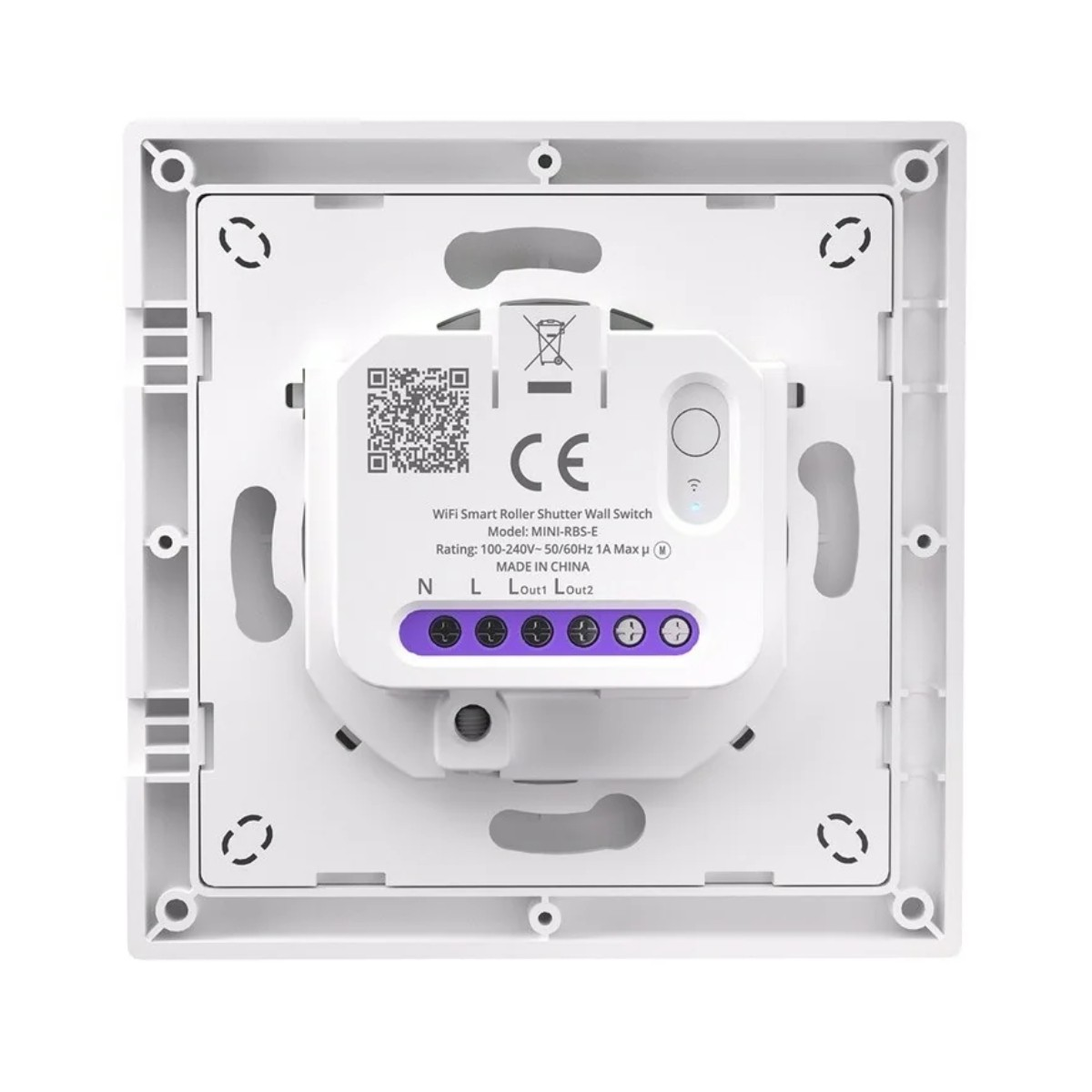 Tył białego inteligentnego przełącznika roletowego WiFi z etykietami.