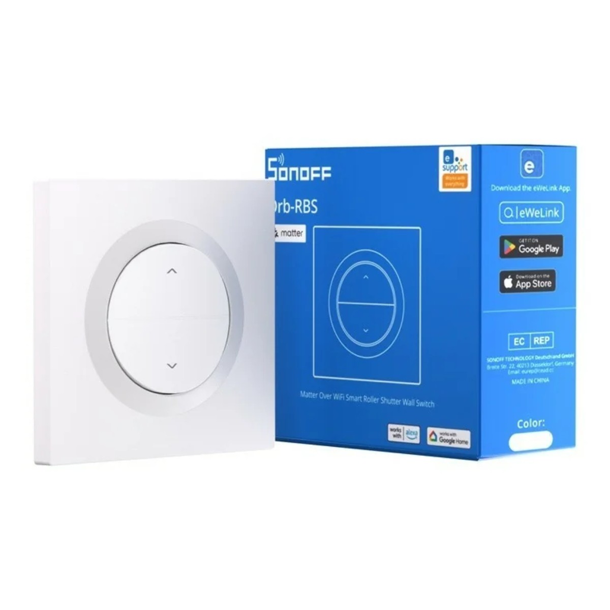 Biały przełącznik ścienny z okrągłymi przyciskami góra/dół, obok niebieskiego opakowania.