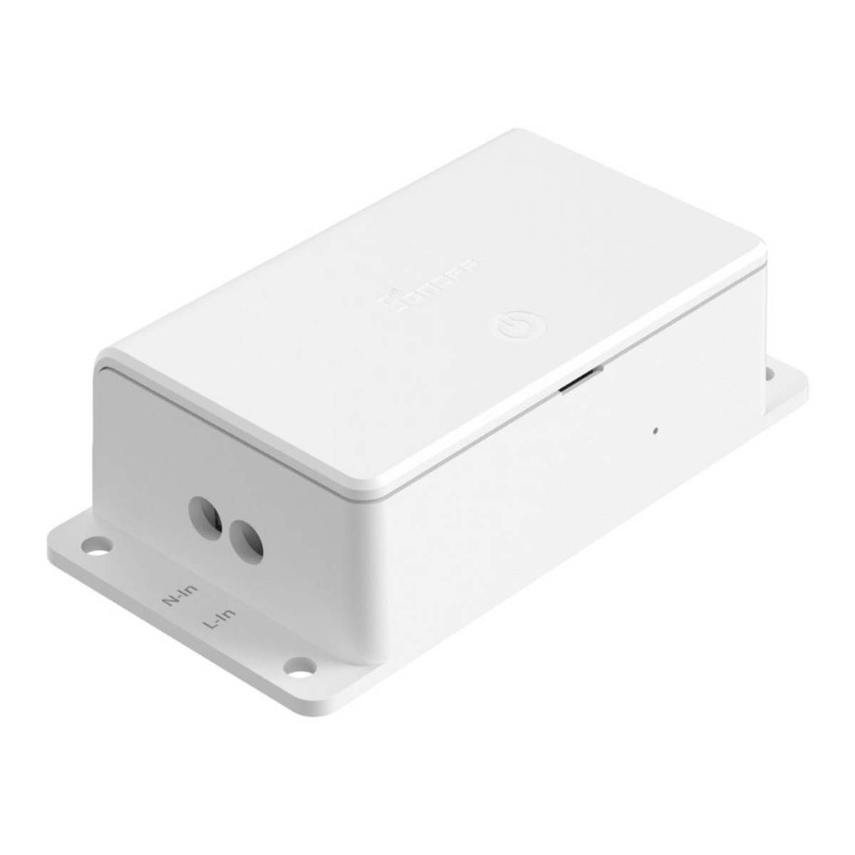 Białe, prostokątne urządzenie z portami L-In i N-In oraz przyciskiem.