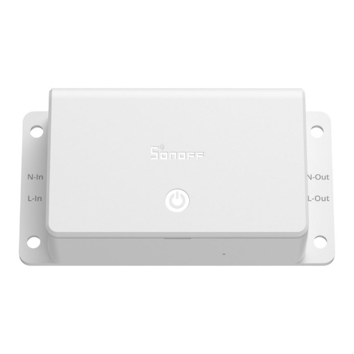 Białe urządzenie Sonoff z portami wejściowymi i wyjściowymi N i L.