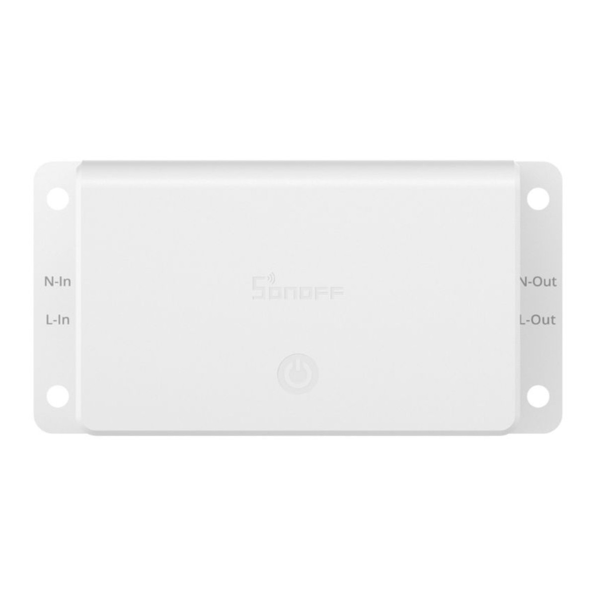 Białe urządzenie Sonoff z terminalami N-In, L-In, N-Out, L-Out i symbolem zasilania.