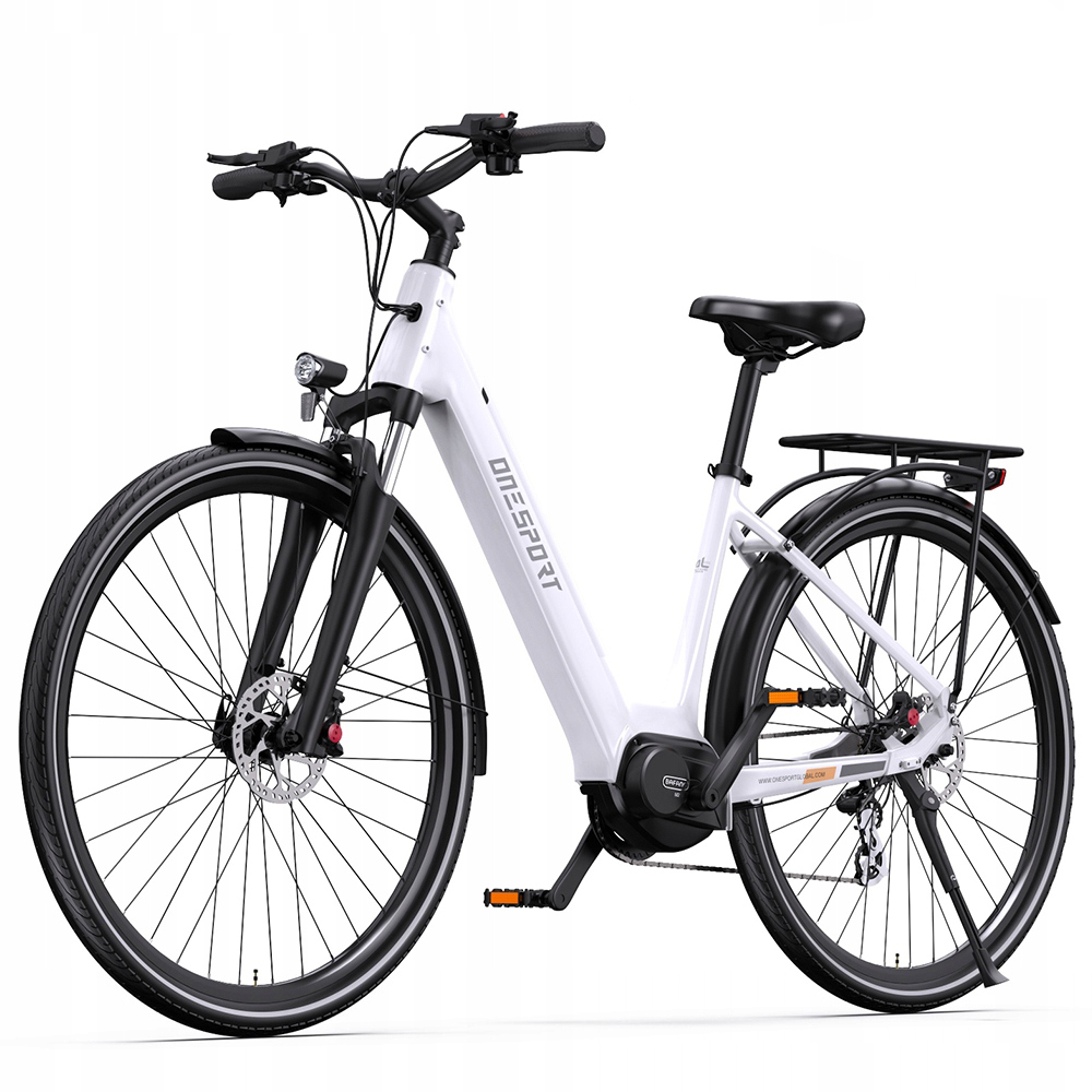 Una bicicleta eléctrica blanca con detalles negros, con portaequipajes y faro delantero.