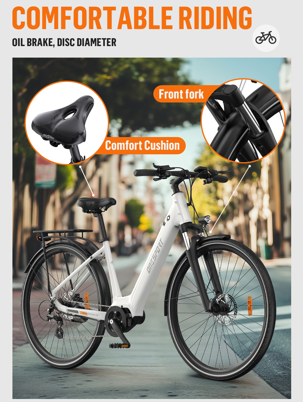 Bicicleta blanca con sillín de cojín cómodo y detalles de horquilla delantera.