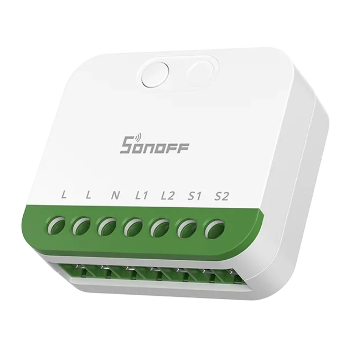 Interruptor Sonoff blanco con bloque de terminales verde y conexiones etiquetadas.