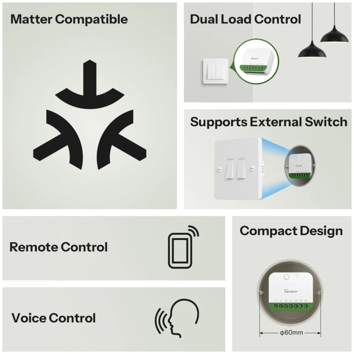 Dispositivo compatible con Matter con control de doble carga, interruptor externo, control remoto y voz.