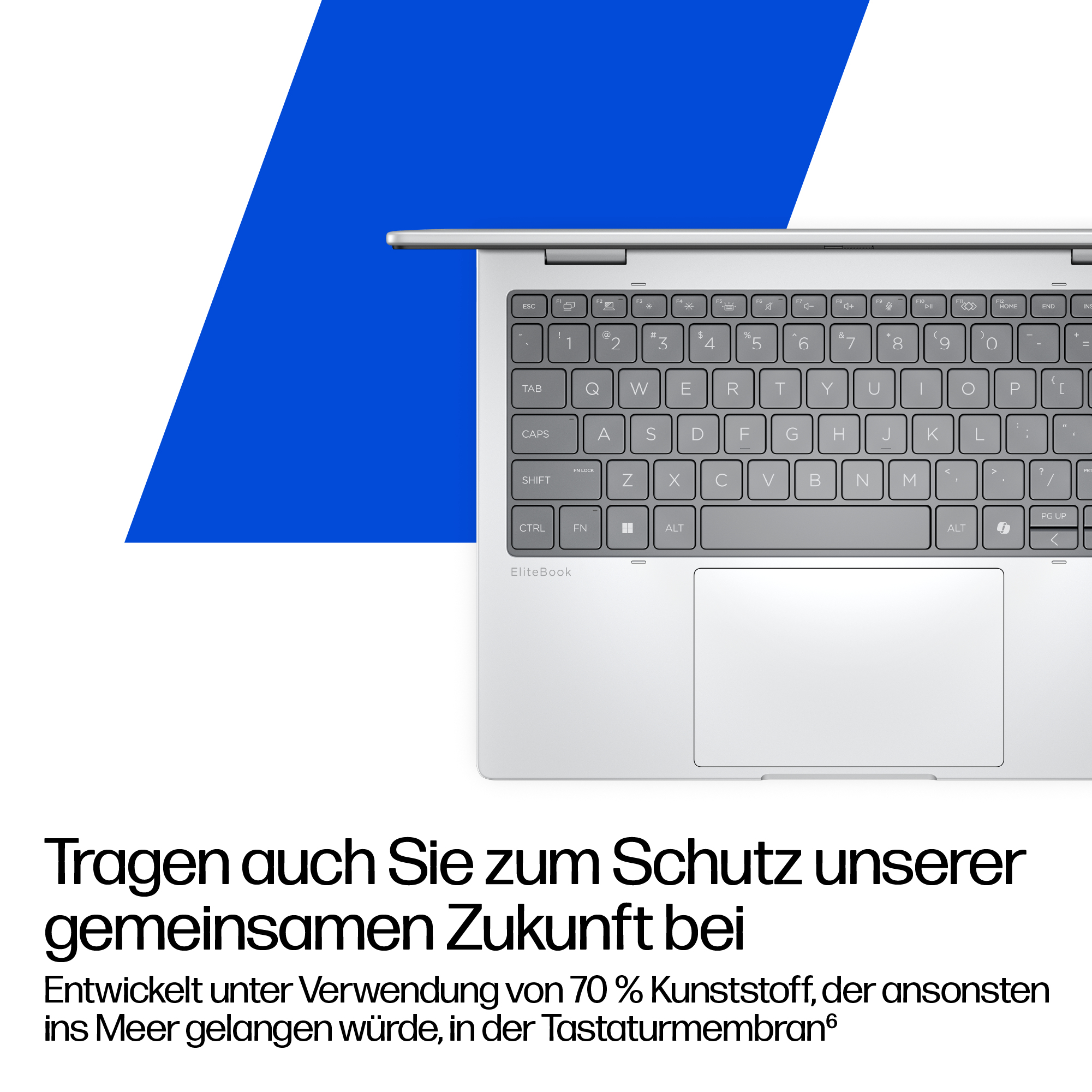 Silbernes EliteBook Laptop mit Tastatur und Touchpad auf blau-weißem Hintergrund.