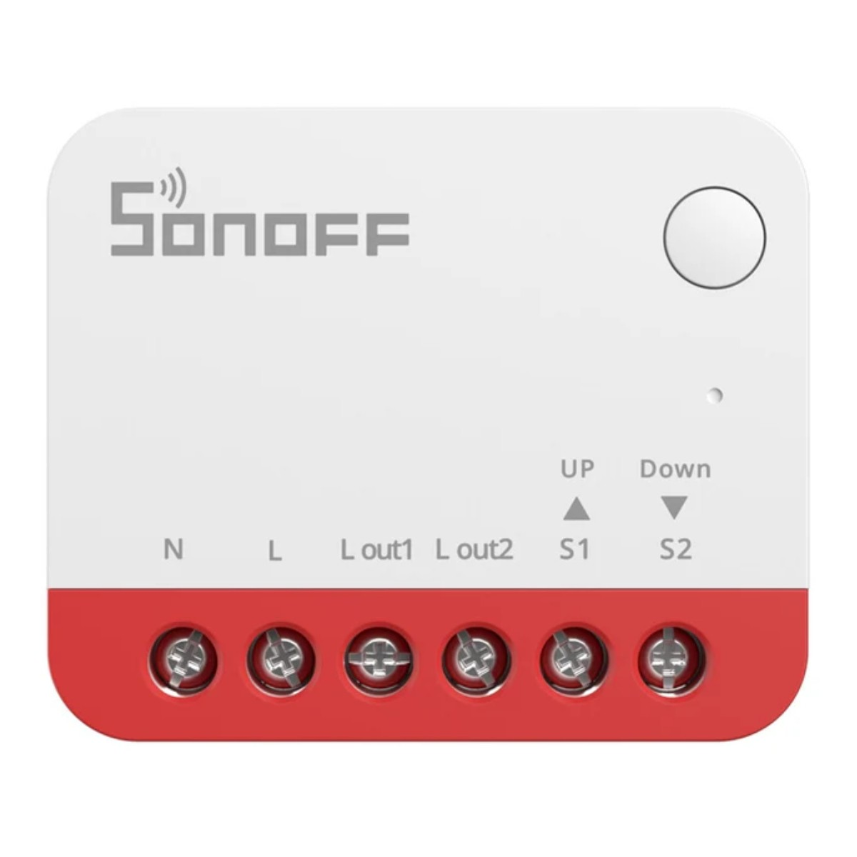Interruttore smart Sonoff con terminali etichettati N, L, Lout1, Lout2, S1, S2.