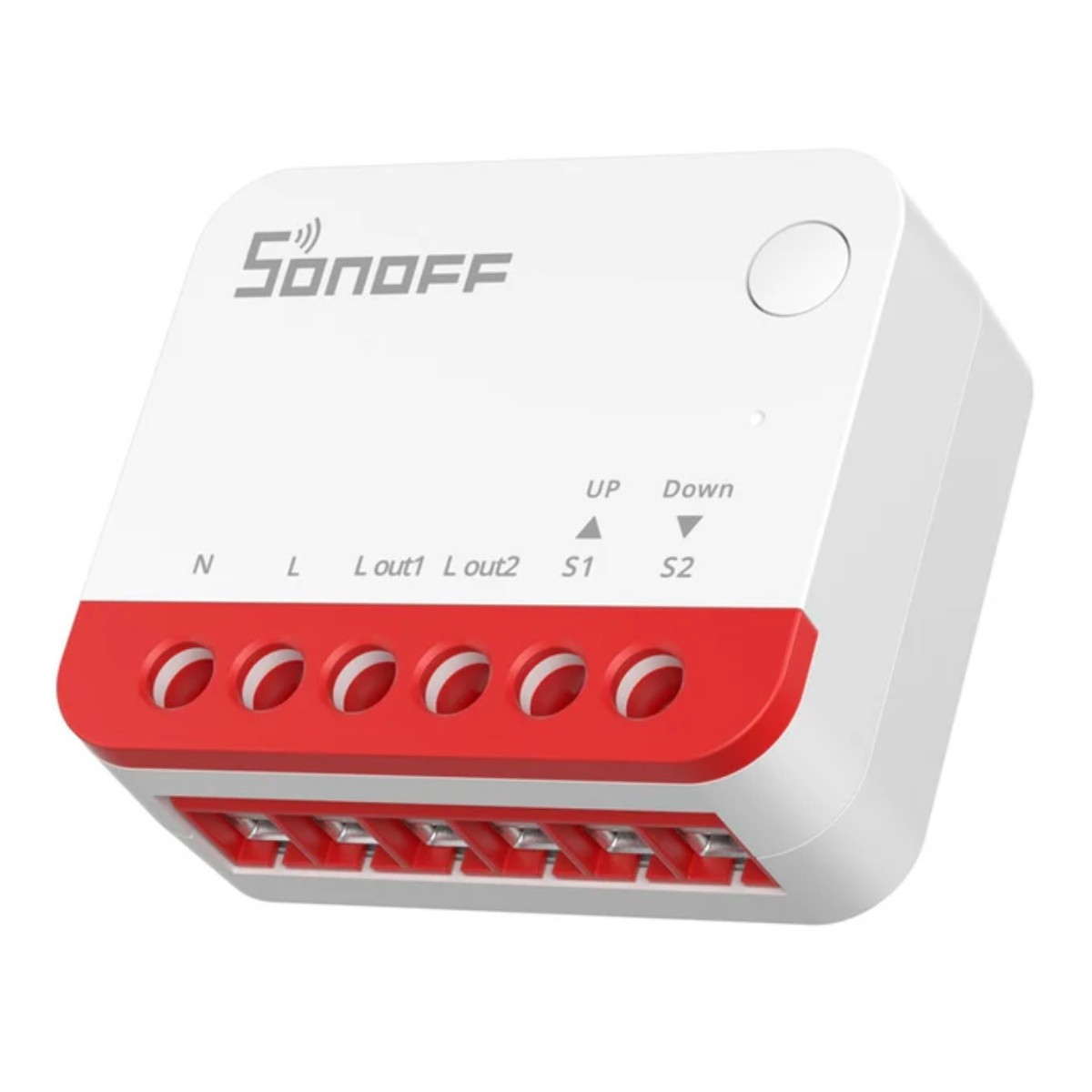 Dispositivo Sonoff bianco con accenti rossi, mostra connessioni terminali ed etichette.