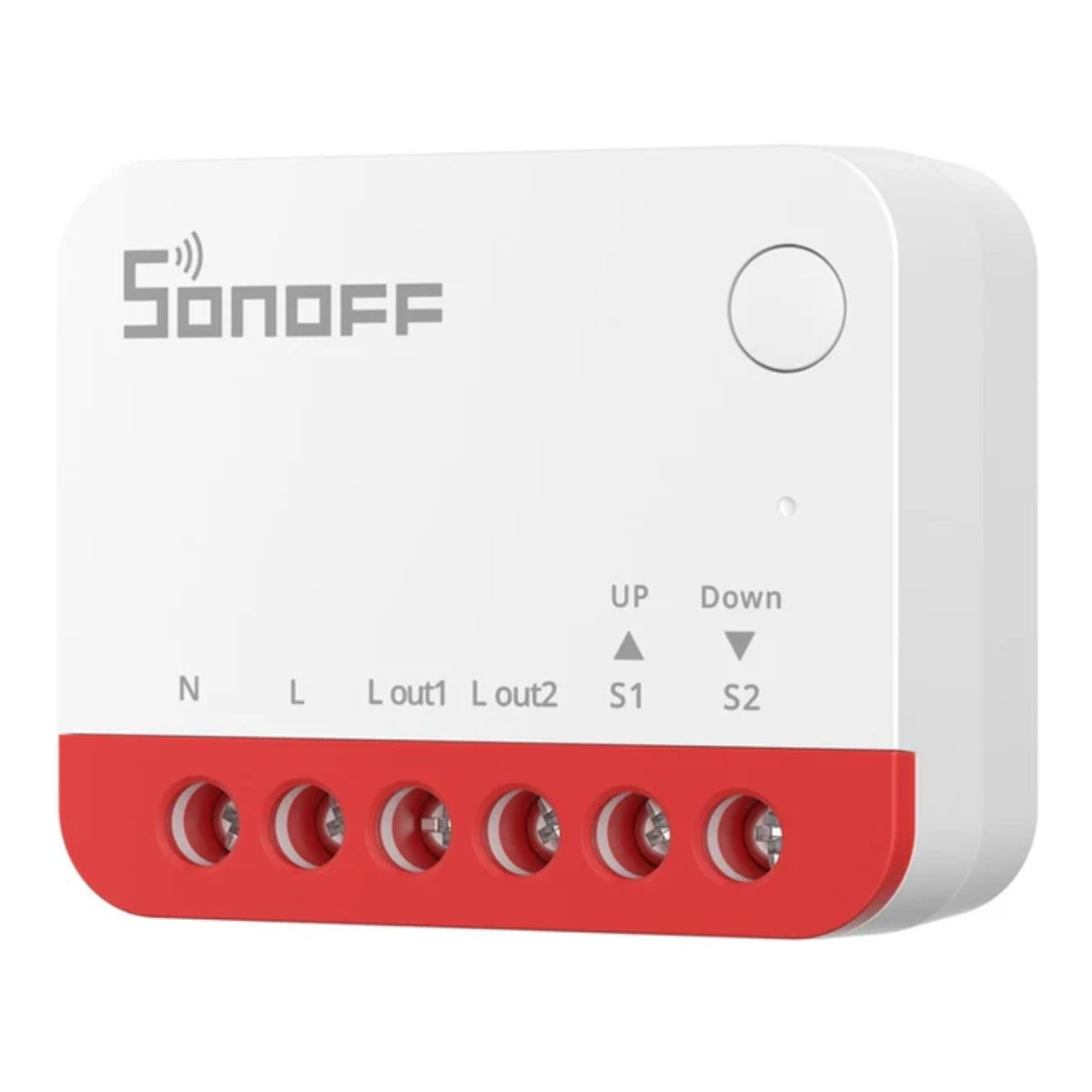 Interruttore Sonoff bianco con terminali rossi etichettati N, L, Lout1, Lout2, S1, S2.