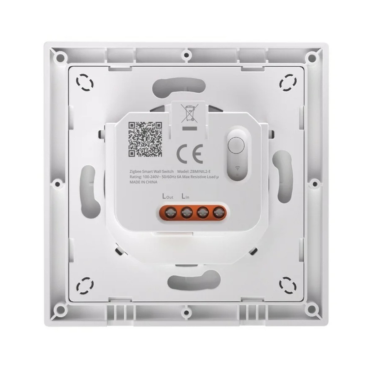 Tył białego inteligentnego włącznika ściennego Zigbee. Widać oznaczenie CE, kod QR i zaciski.