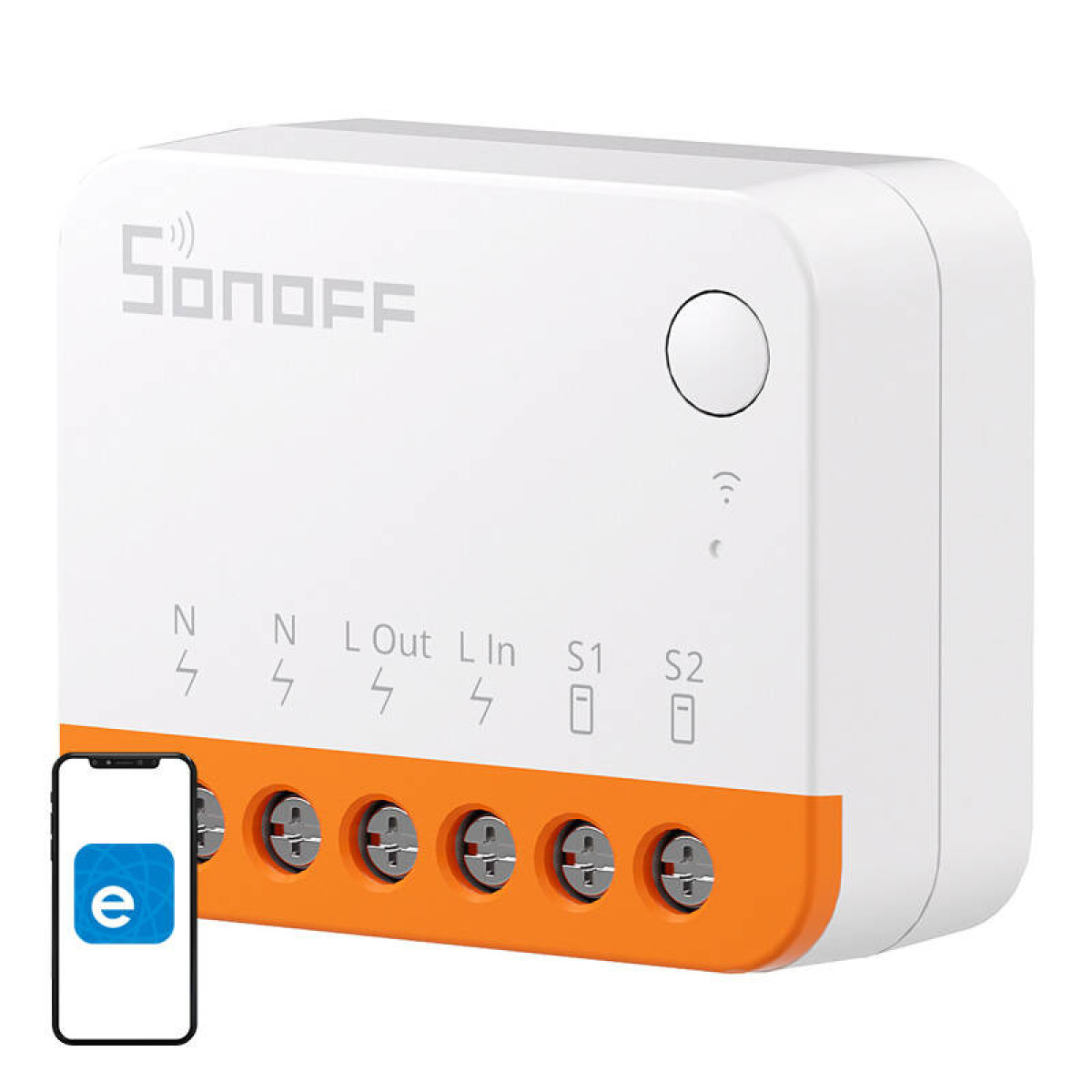 Interruttore smart Sonoff bianco con base e terminali arancioni.
