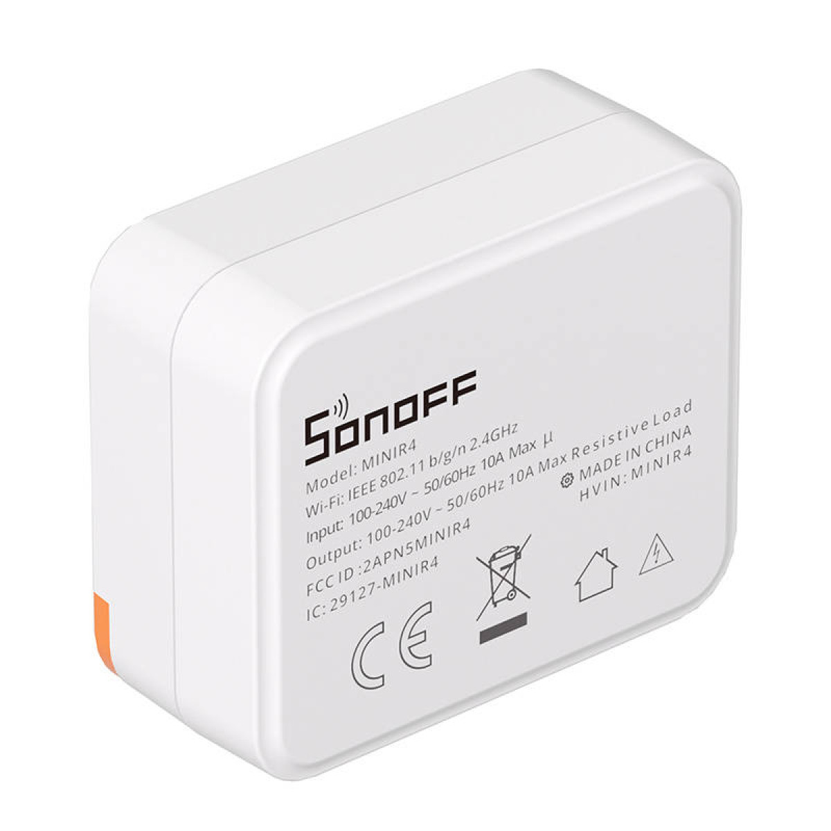 Un dispositivo Sonoff MINIR4 bianco e compatto con etichette e marchio CE.