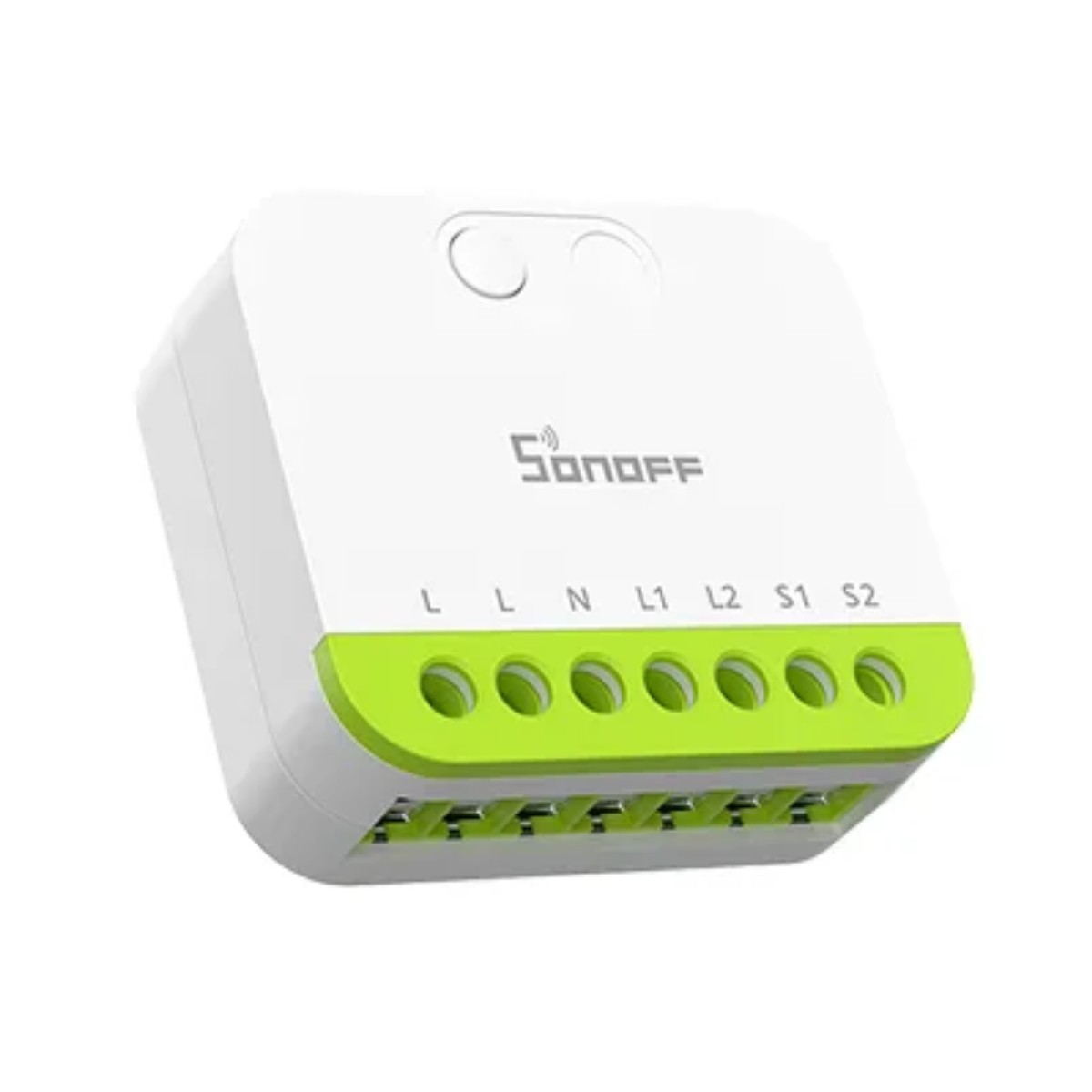 Un interruptor Sonoff blanco con terminales y etiquetas verdes.