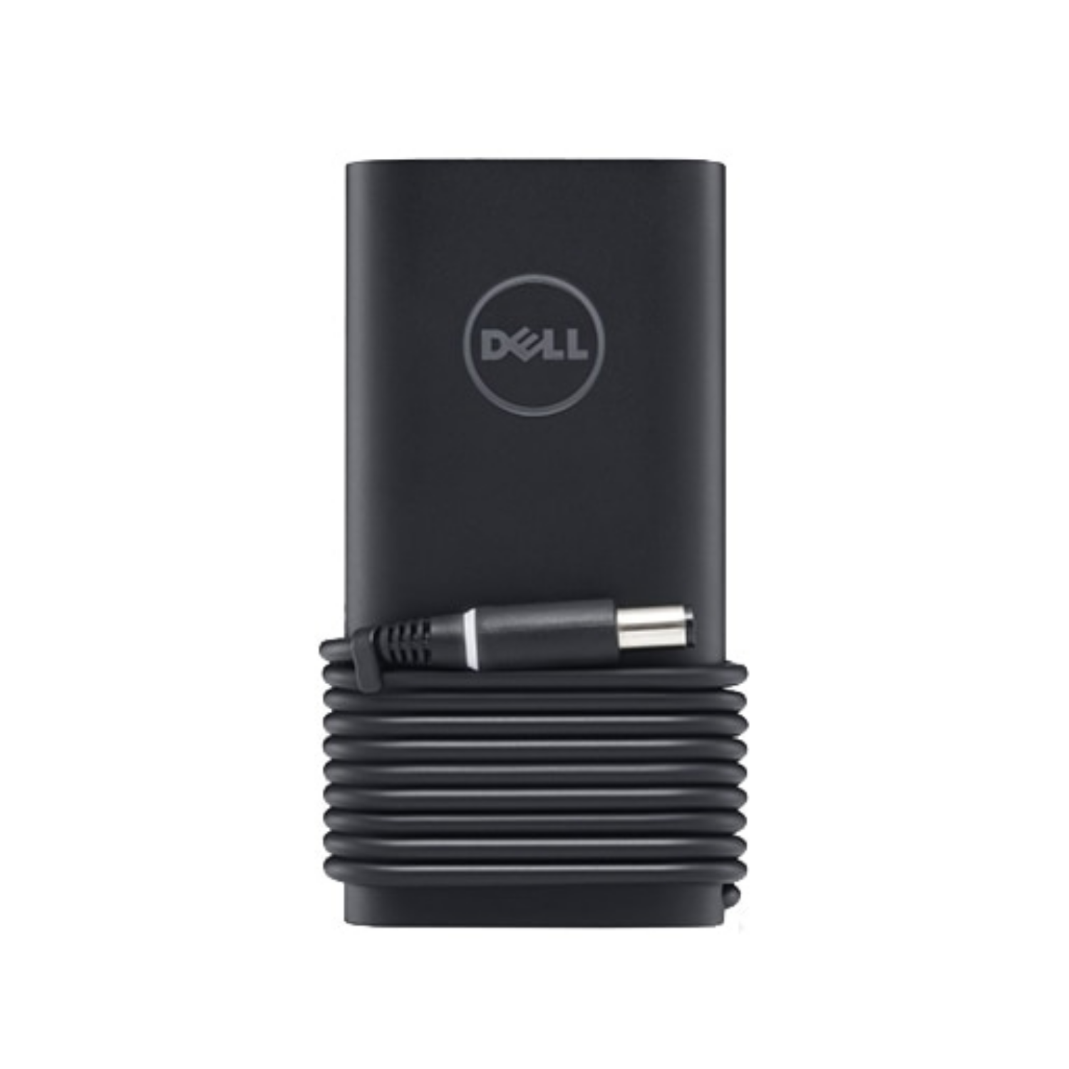 Czarna ładowarka do laptopa Dell z nawiniętym kablem i wtyczką.