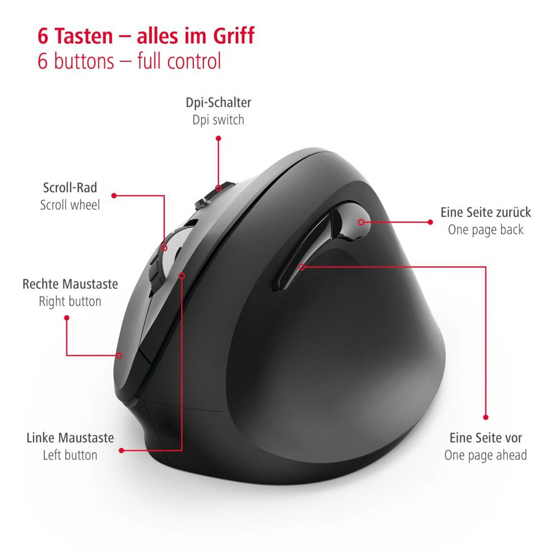 Mouse ergonomico nero con pulsanti e rotella di scorrimento evidenziati.