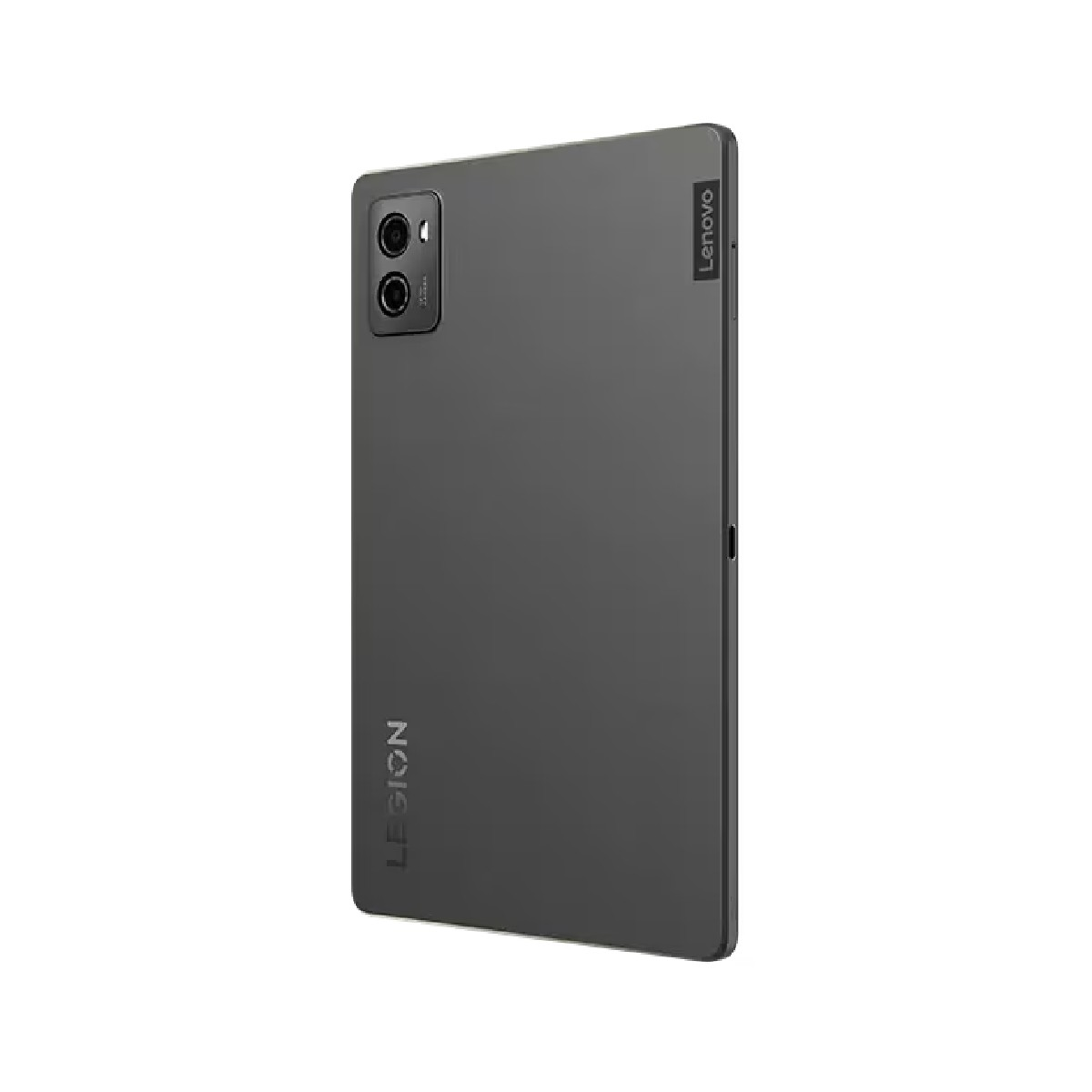 Dunkelgraues Lenovo Tablet mit zwei Kameras auf der Rückseite.