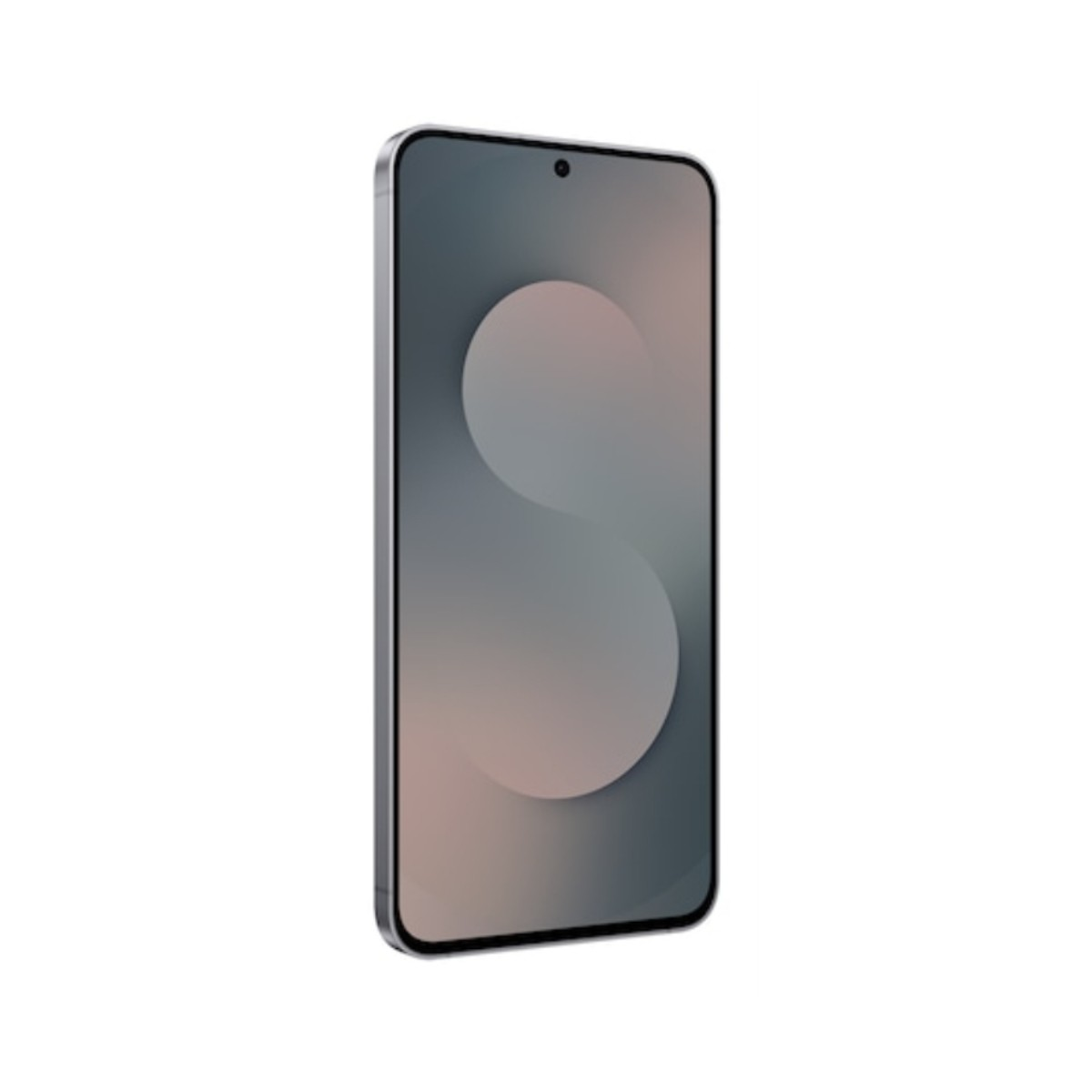 Srebrny smartfon z szaro-różowym tłem na ekranie.