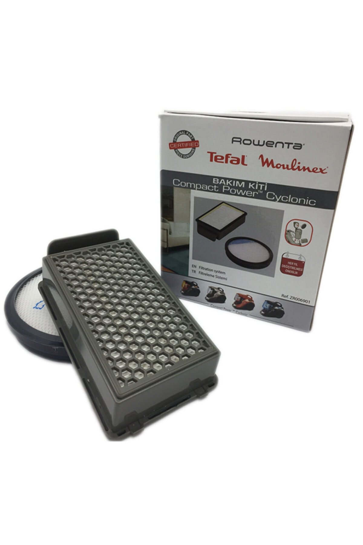 Rowenta Tefal Moulinex elektrikli süpürge filtresi beyaz zeminde.