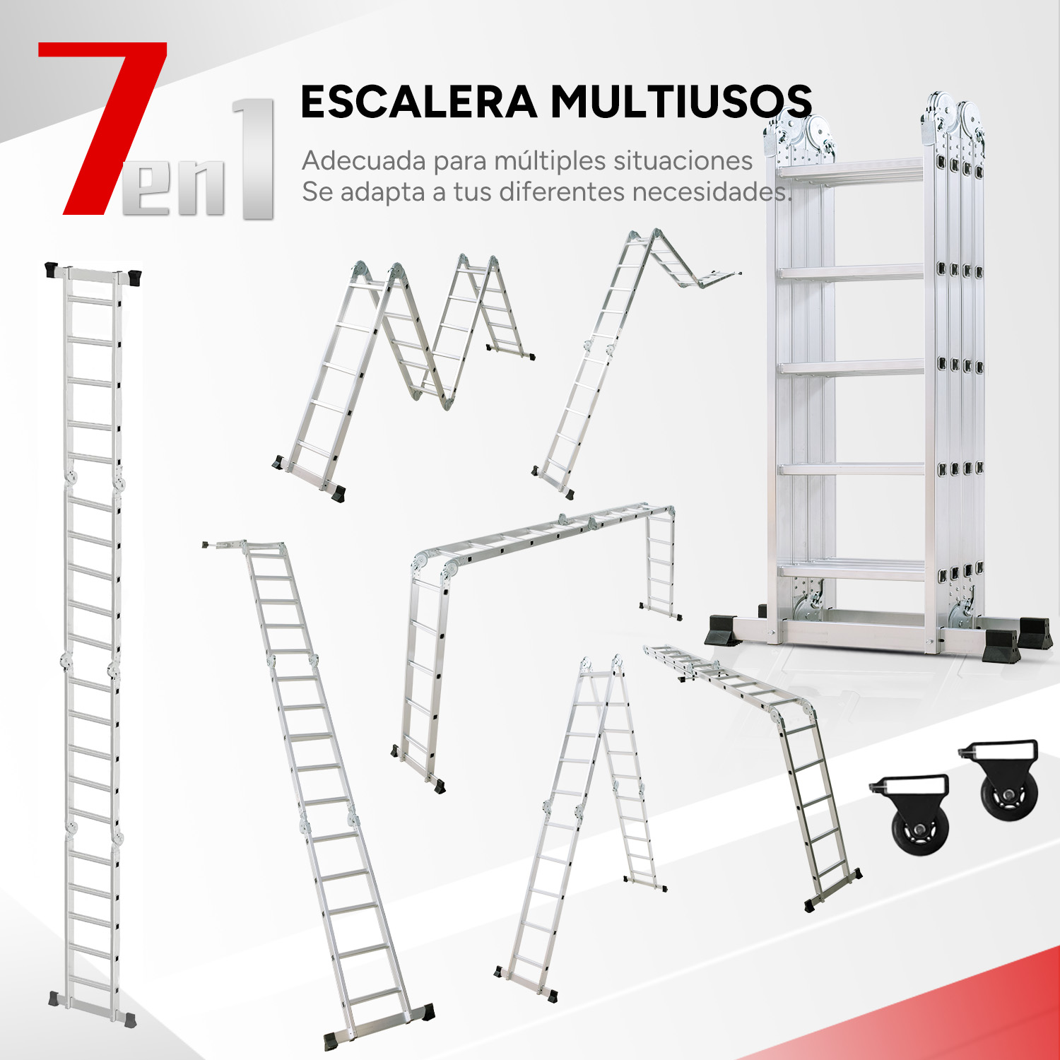 Varias escaleras de aluminio en diferentes configuraciones, incluida una escalera alta y recta.