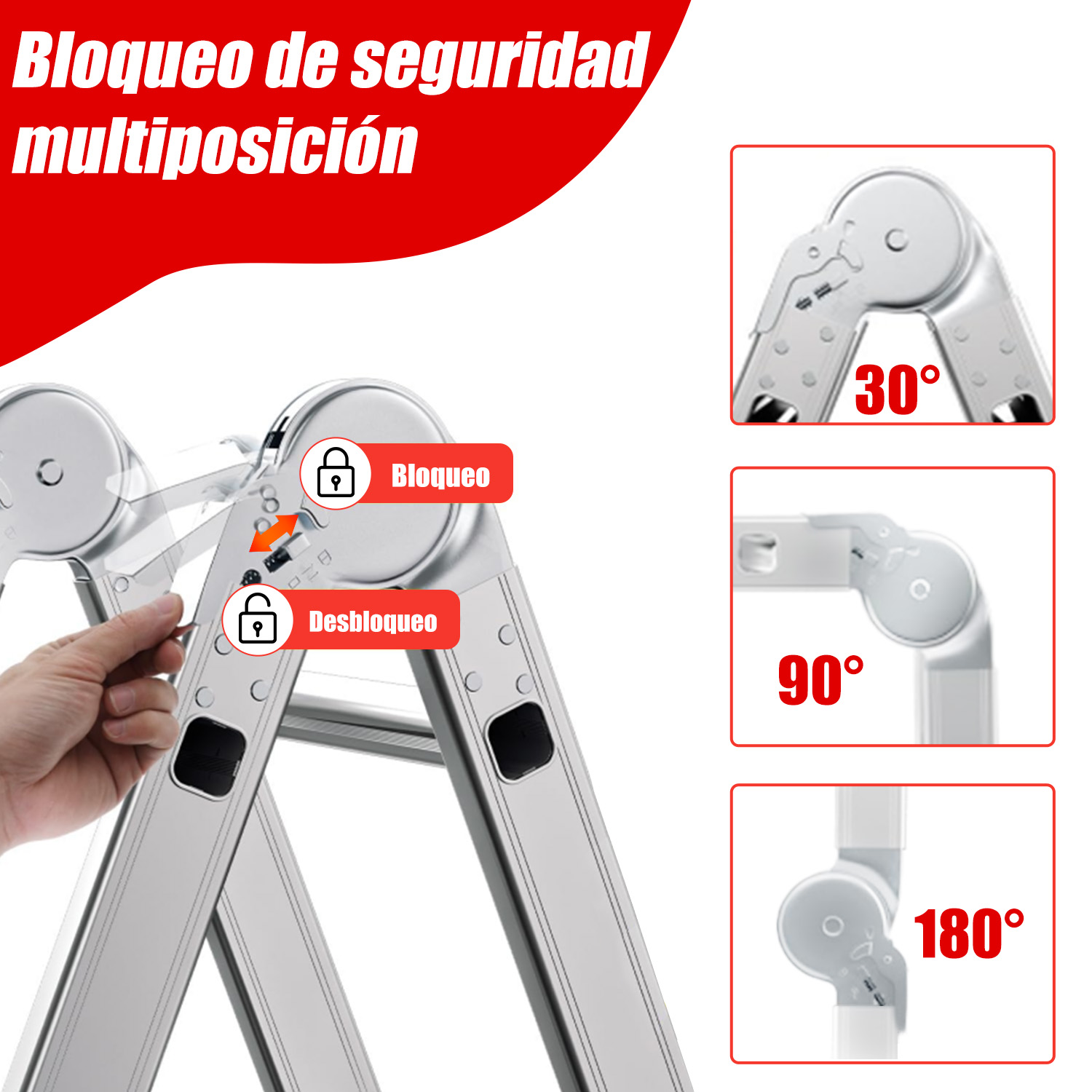 Una mano ajusta una escalera. Primer plano de las juntas a 30, 90 y 180 grados.
