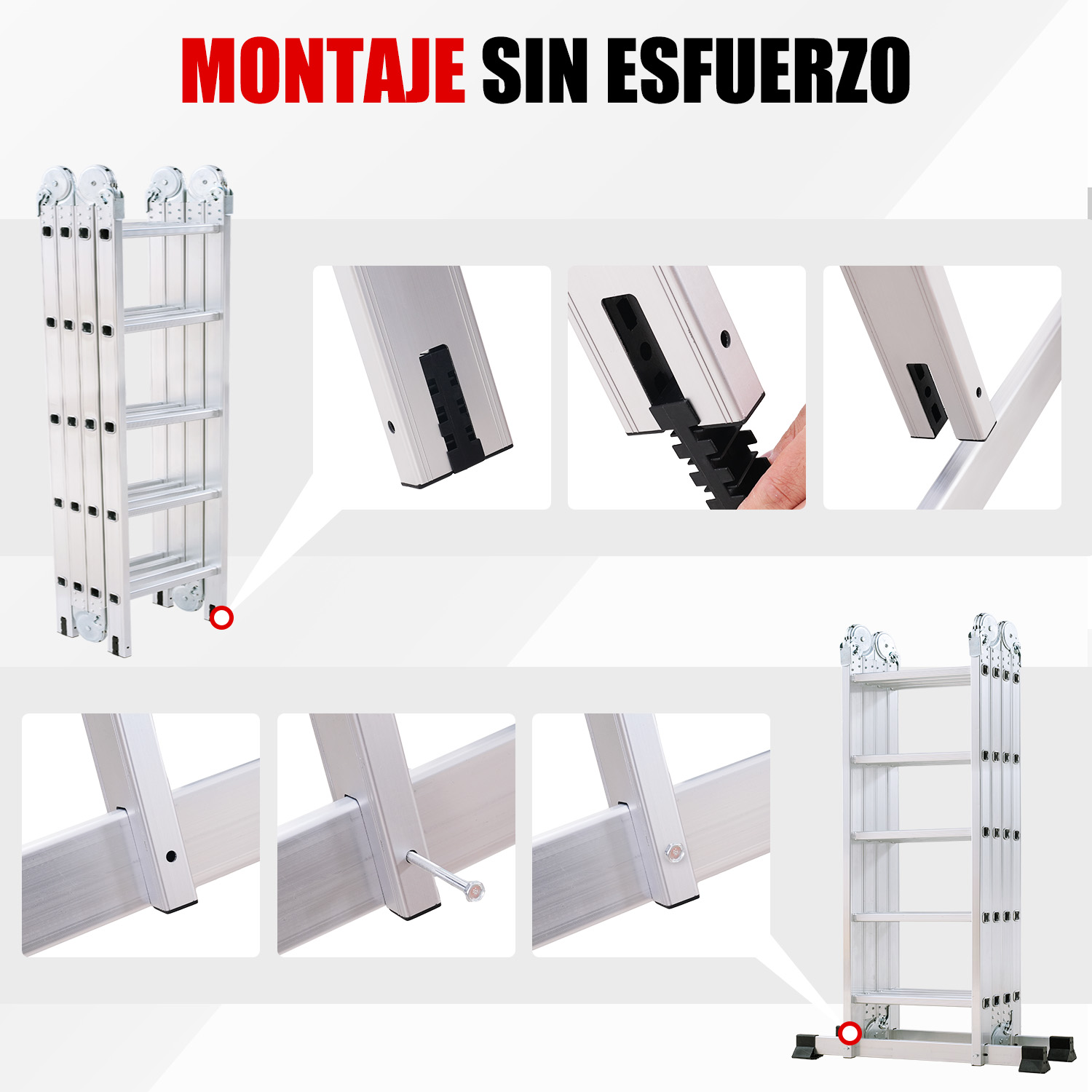 Se muestra una escalera plateada multiusos, con primeros planos de sus articulaciones y mecanismos de bloqueo.