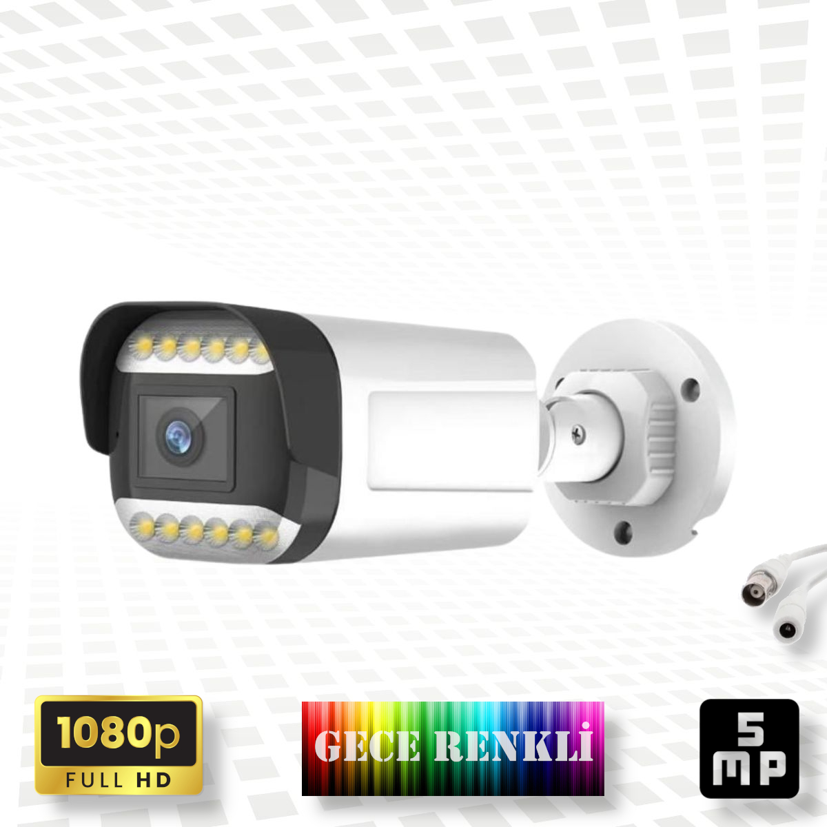 1080p ve 5MP çözünürlüklü beyaz güvenlik kamerası.