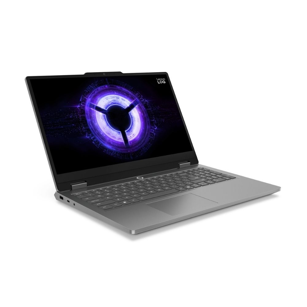 Ekranında mor halka deseni bulunan gri bir Lenovo dizüstü bilgisayar.