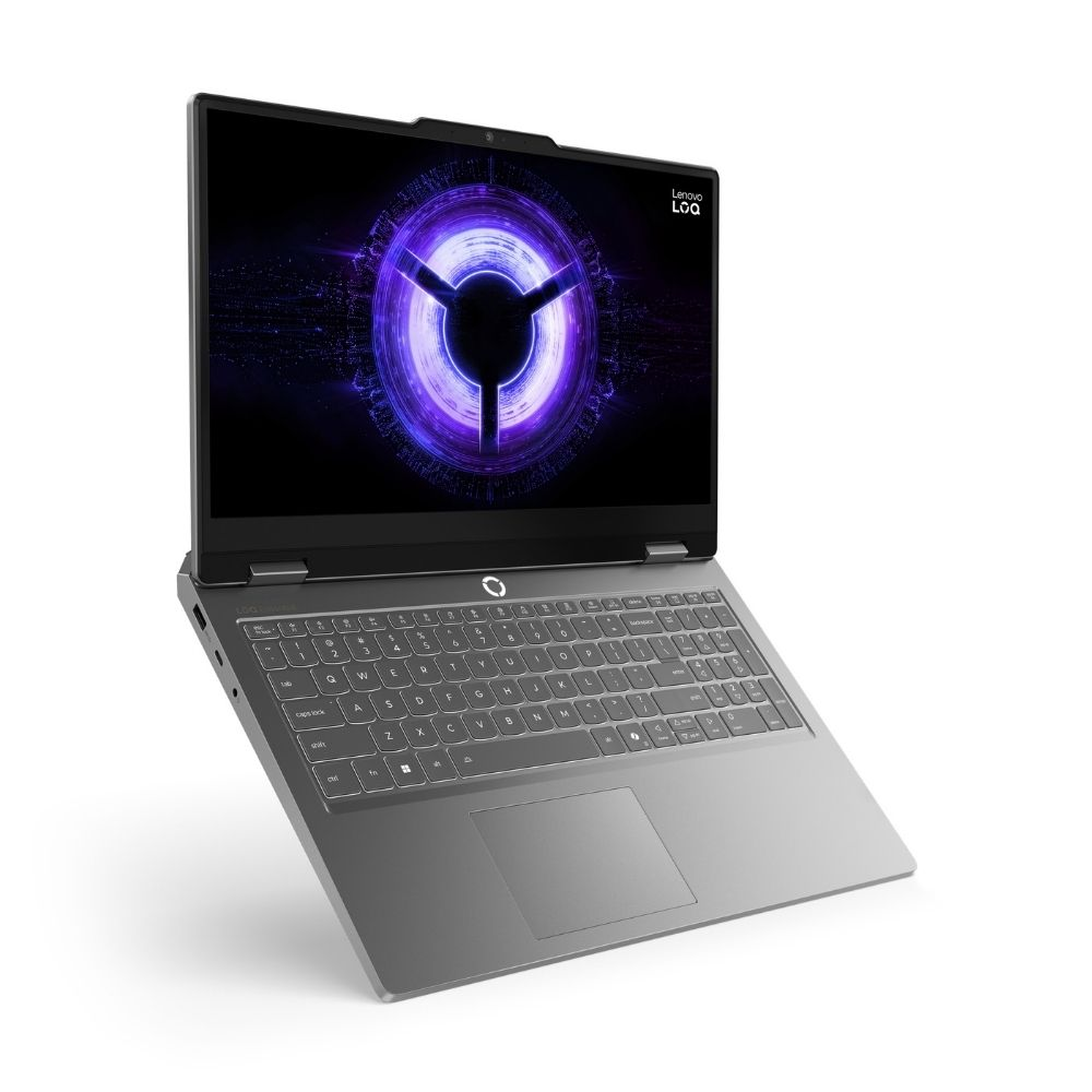 Ekranında mor logo ve arkadan aydınlatmalı klavyeye sahip gri Lenovo dizüstü bilgisayar.