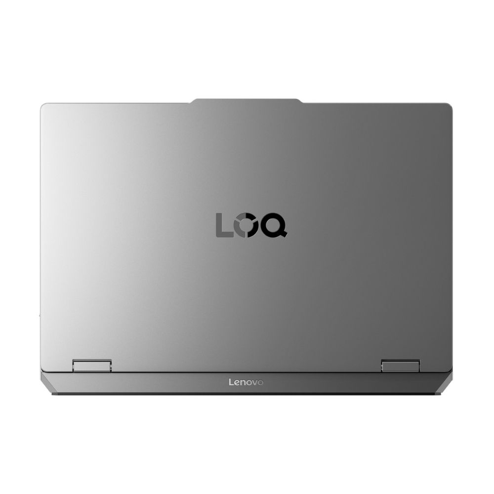 LOQ ve Lenovo logolu kapalı gri dizüstü bilgisayar.