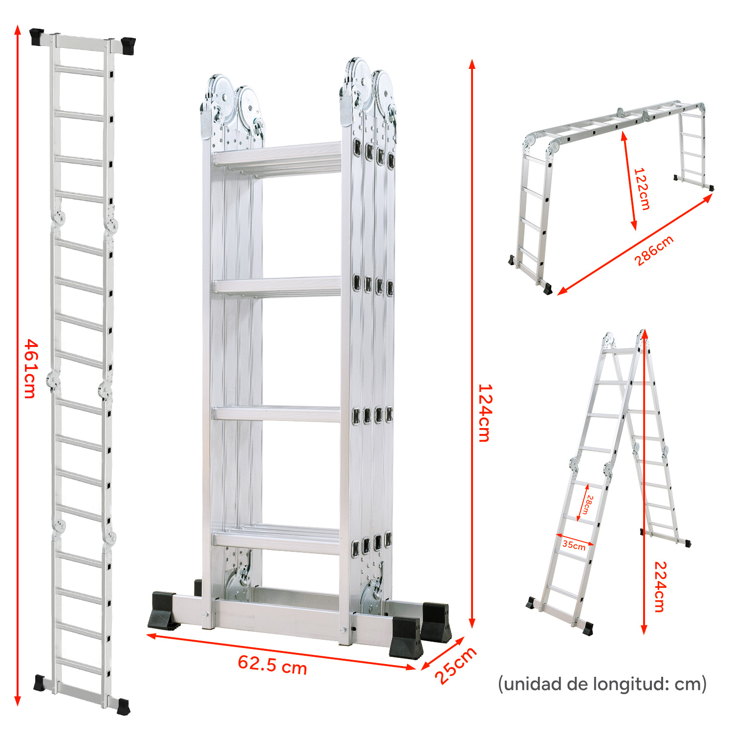 Una escalera plateada multiusos en varias configuraciones con dimensiones.