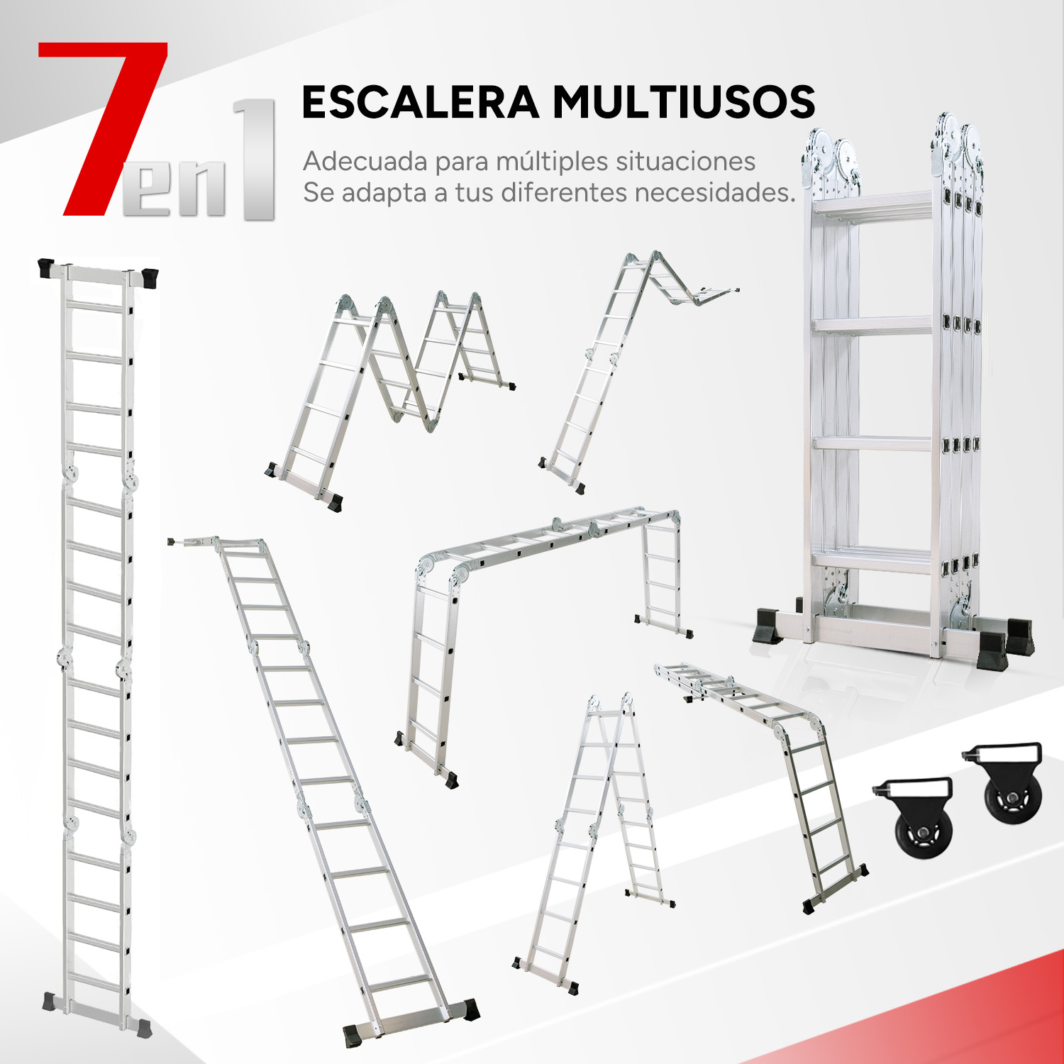 Varias escaleras de aluminio en diferentes configuraciones, incluida una escalera de tijera.